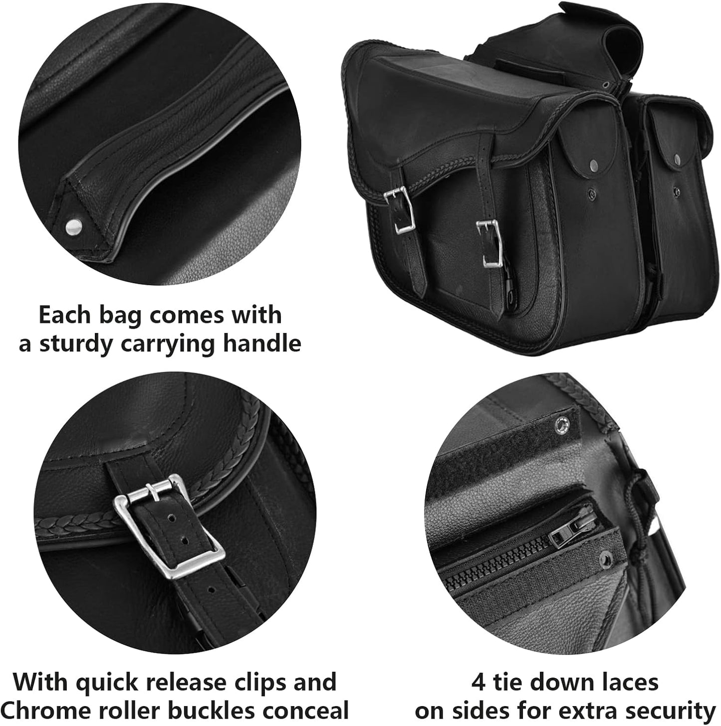 GARGOYLE BELLS Motorcycle Saddle Bags Genuine Leather Motorcycle Luggage Bag For Softails Sportsters and Choppers (No Stud, Black, 13”x13“x10”)