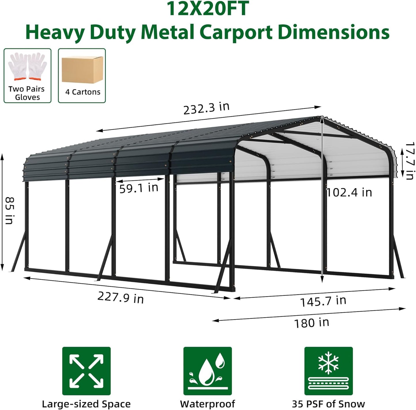 12' x 20' x 8.5' Heavy Duty Metal Carport with Galvanized Steel Roof, Steel Carport Kits Outdoor with Metal Roof, Galvanized Car Shelter for Tractors, Pickup, Boat, Car
