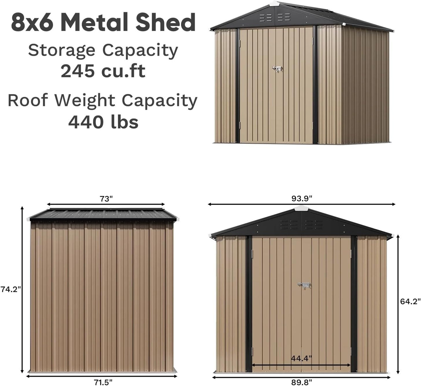 Greesum 8×6FT Outdoor Storage Shed, Metal Patio Storaged Sheds with Lockable Doors, Sheds & Outdoor Storage for Bike, Backyard, Pool and Garden, Brown