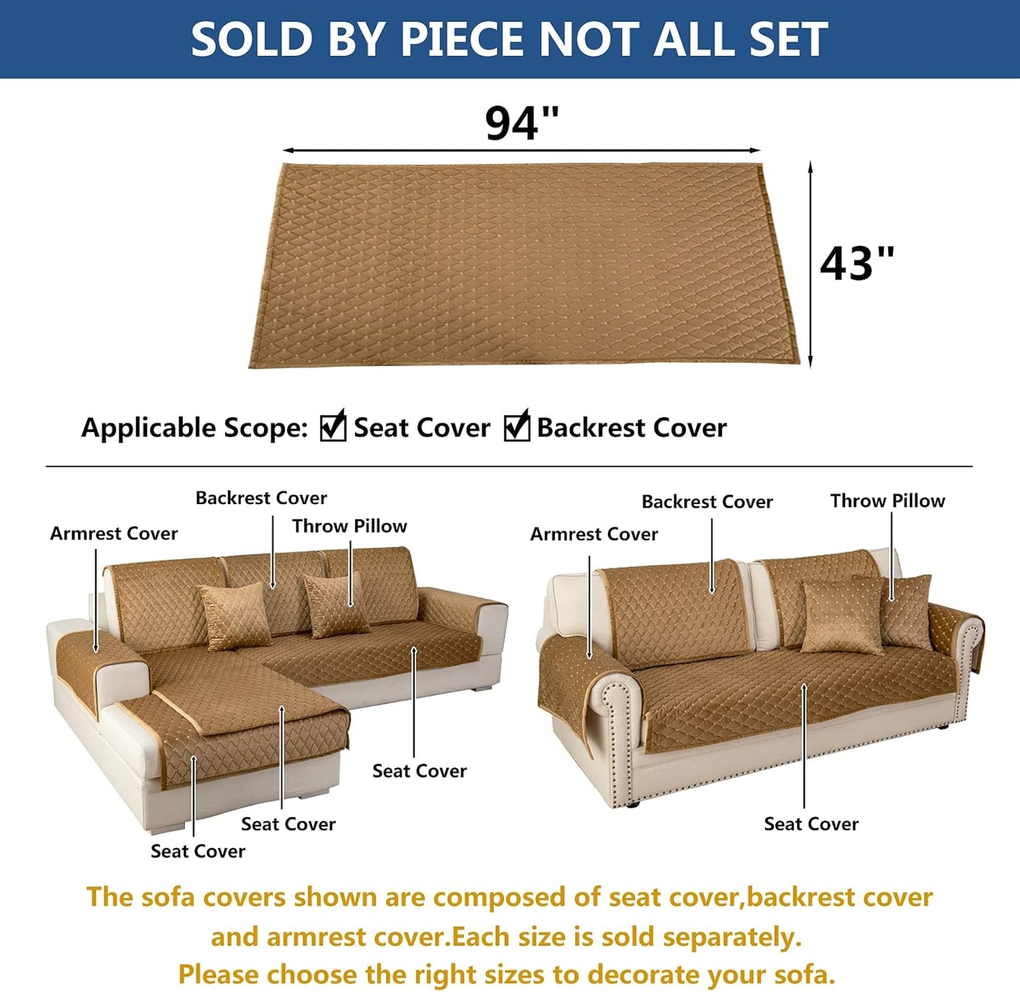 Eismodra Couch Cover,Sectional Couch Covers,Sofa Covers for 3 Cushion Couch,Anti-Slip Sofa Slipcovers for Dogs Cats Kids Loveseat Recliner L Shaped Armrest Backrest,Coffee 43''x94''(Only 1 Piece)