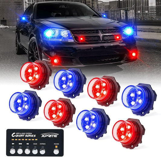 Xprite Red Blue LED Hideaway Strobe Police Lights Kit, 20 Flashing Patterns w/Control Panel for Headlights Taillights Hazard Warning Mounting, for Emergency Vehicles Volunteer Cop Cars Trucks 8PCS