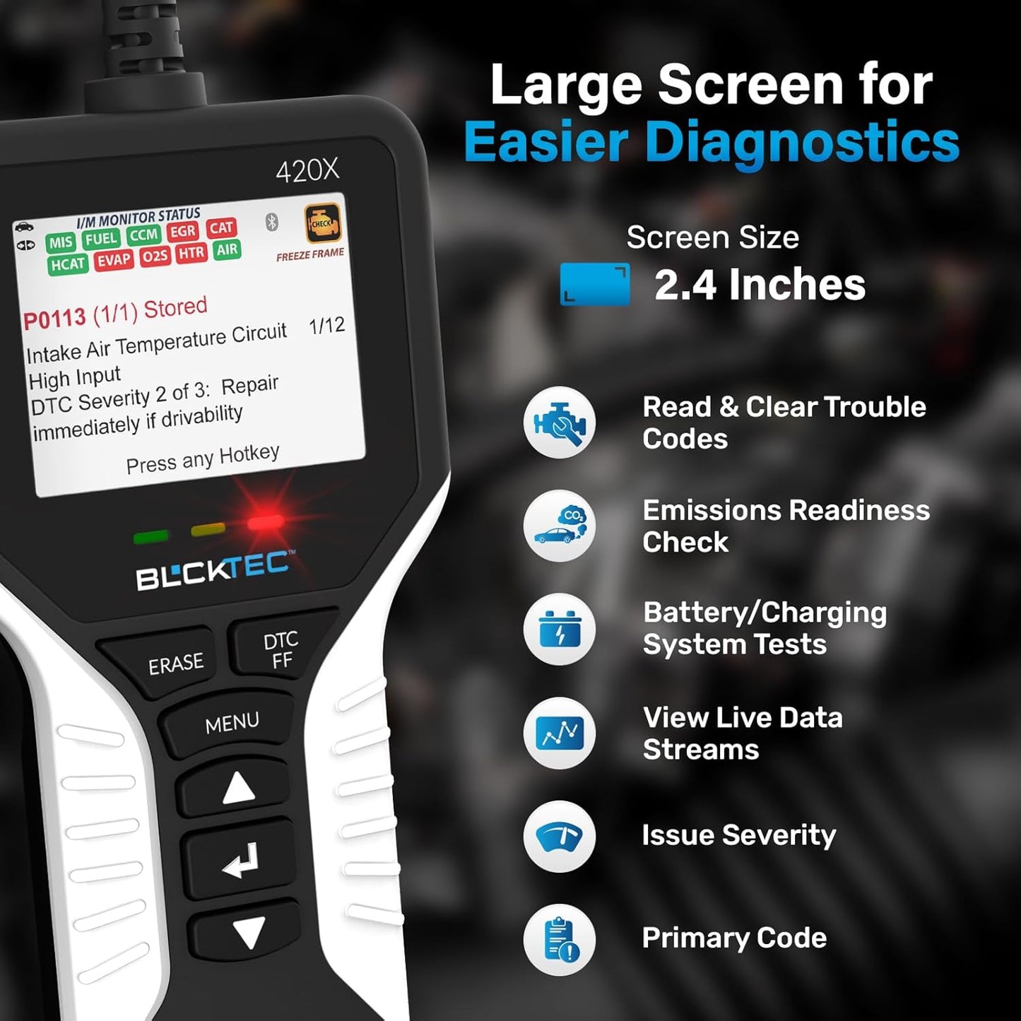 BLCKTEC 420X OBD2 Scanner Diagnostic Tool, Read and Clear Check Engine Light, Car Code Reader for All OBDII Cars 1996 and Newer, Comes with Bluetooth Topnotch App On iOS & Android