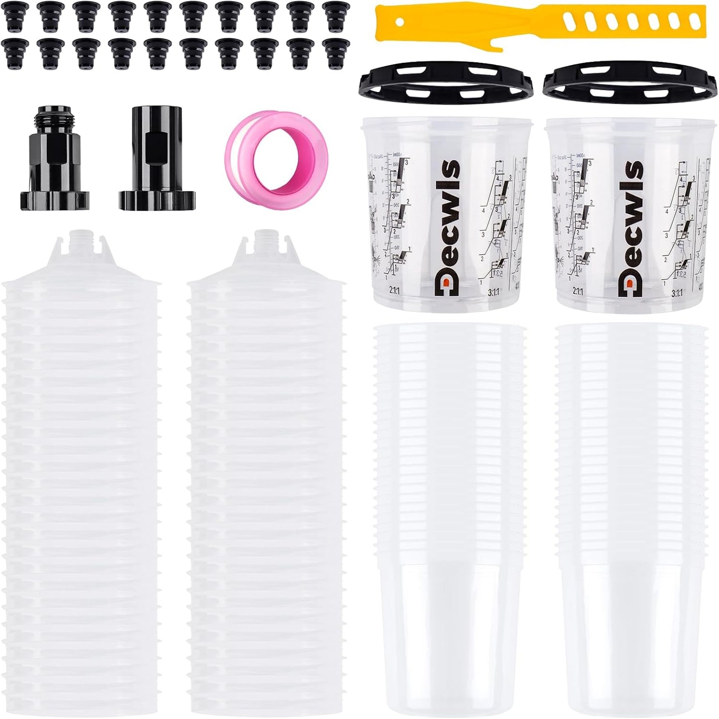 Disposable Paint Cup System 20 Ounce (600ml) Kit - 50 Pack Paint Cups with Lids, 2 Hard Cup with Retainer Ring, 20 Plugs, 2 Cup Adapter, PTFE Tape, Paint Stirrer for Automotive Paint Gun