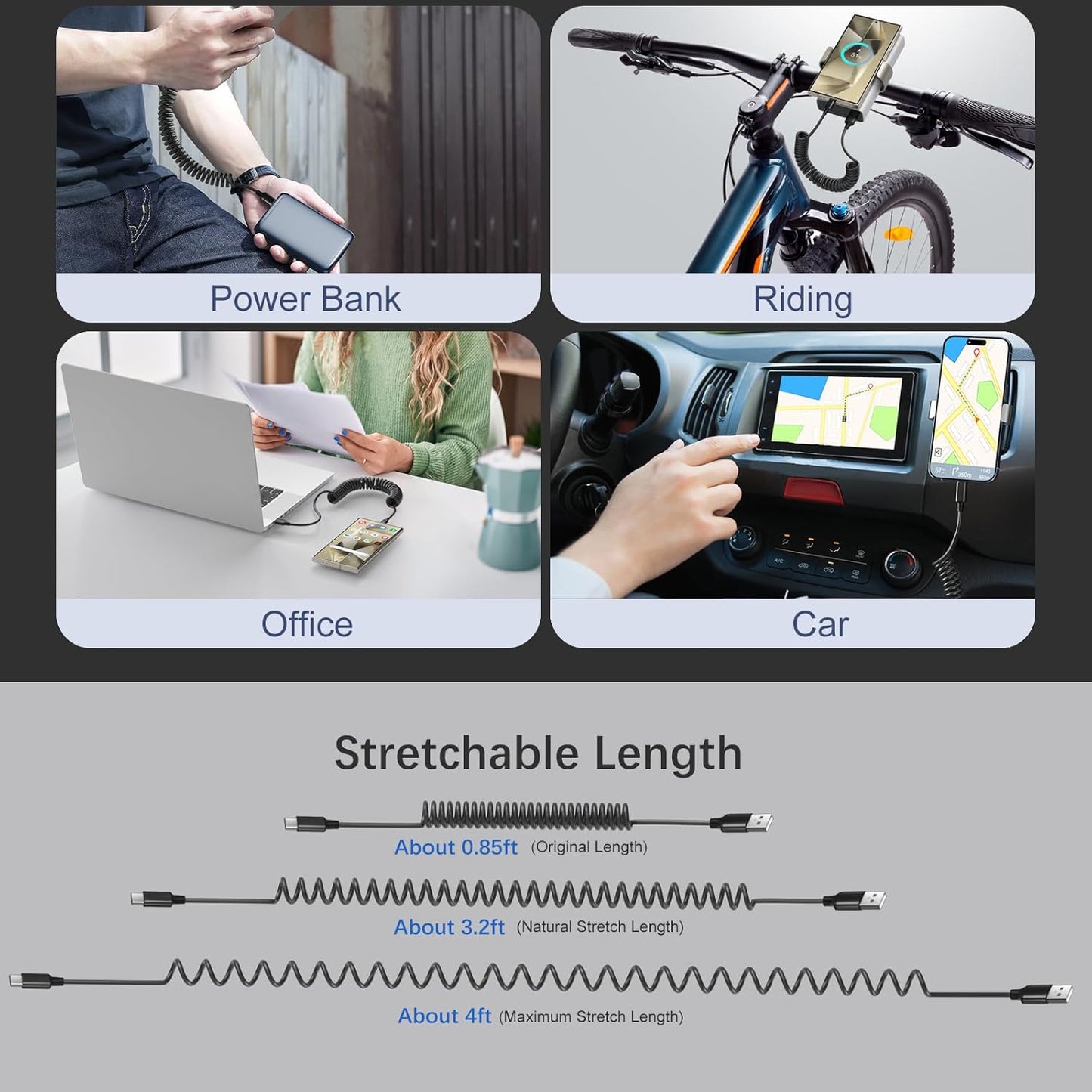 Coiled USB C Cable for Carplay 3ft, Retractable USB A to USB Type C Fast Charging Cord 60W 3A for iPhone 16 15 Pro Max Plus