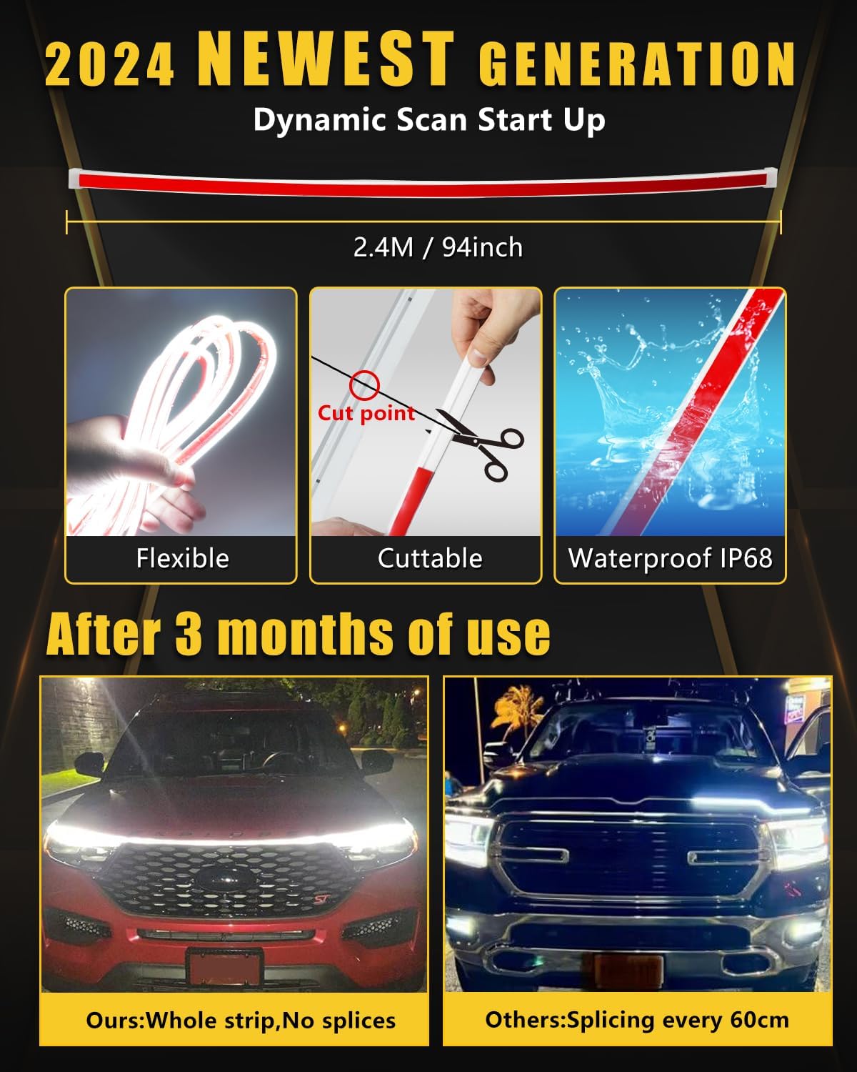 YM E-Bright Led Hood Light Strip Flexible Waterproof Dynamic Scan Start Up Hoodbeam Kit DRL Daytime Running Lights Exterior Led Lights for Cars,Truck,SUV,12V White 240CM/94inch,1 Set