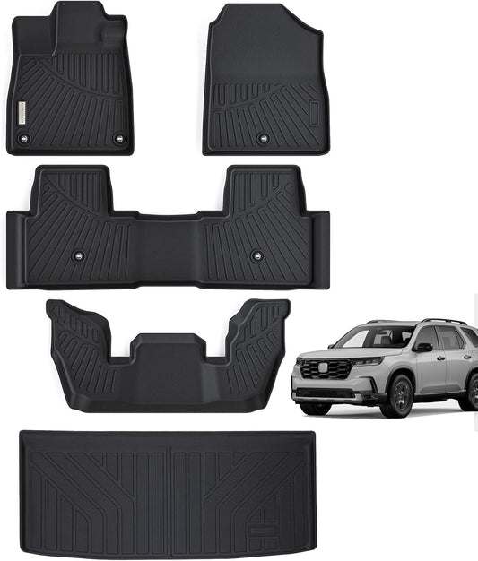 Floor Mats & Trunk Mat for 2023 2024 2025 Honda Pilot Sport/Touring/Elite/TrailSport/EX-L，TPE All Weather Protection Car Floor Liners with Cargo Liners- Black