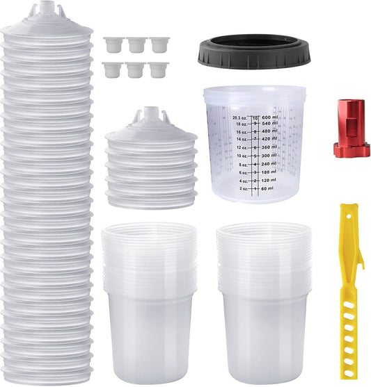 Disposable Paint Mixing Cup Kit,HVLP Paint Sprayer Gun Mixing Cups with 30 Cups and Lids System, 6 Plugs and 1 Hard Cup with Retainer Ring, 1 Cup Adapter,Paint Stirrer (30)