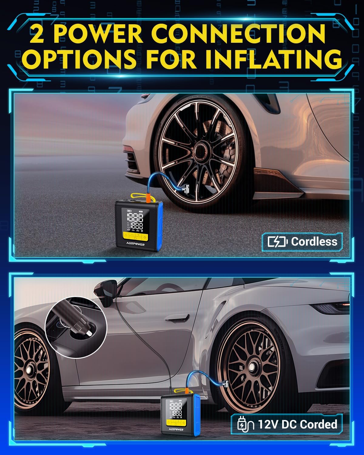 Auxpower H4 Tire Inflator Portable Air Compressor, 150PSI Fast Inflation Air Pump with Pressure Gauge, Auto-Shutoff and LED Light, 12V Cordless Tire Inflator for Car, Motorcycle, Bicycle, Balls