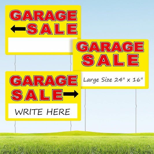 Garage Sale Sign, Large Size 24" x 16" Garage Sale Signs with Stakes, 3PCS Double-Sided Large for Sale Sign with Directional Arrow, Corrugated Plastic Weatherproof Suitable for Yard Sale