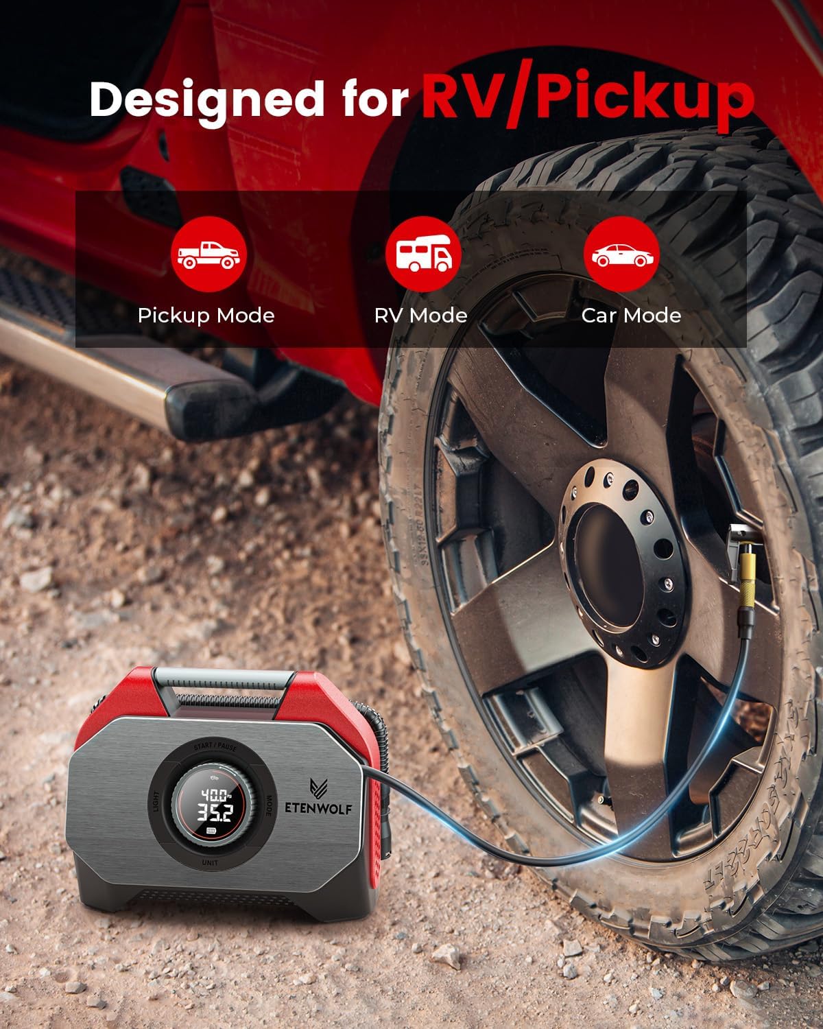 ETENWOLF VORTEX S6SE Cordless Tire Inflator Portable Air Compressor, 160 PSI Air Pump for Car Tires with 15600 mAh Battery, 100% Duty Cycle & Dual Cylinder, Air Pump for Heavy-duty Vehicle, Red