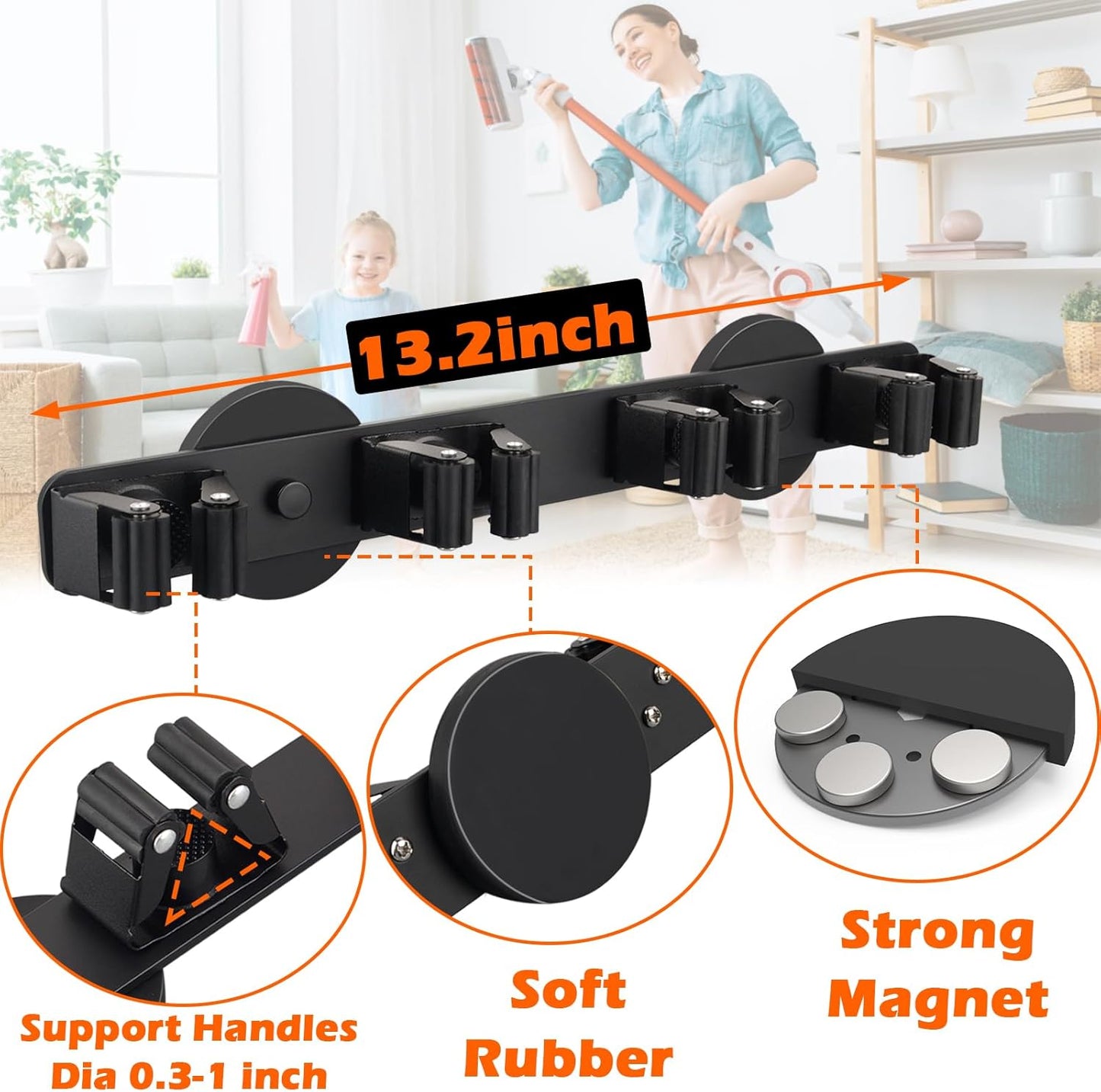 Heavy Duty Magnetic Broom Holder, Strong Magnetic Mop Hanger for Refrigerators, Powerful Magnet Wall Mount Broom Rack, Anti-slip Mop Storage Utility Rack for Kitchen, Home, Laundry, Garage