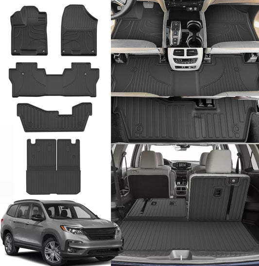Floor Mats Compatible with Honda Pilot 8 Seats 2016-2022 (No Elite Models) - TTX LIGHTING All Weather Cargo Liner with Back Seat Cover TPE Trunk Mat & Backrest Mat & Floor Liners Pilot Accessories