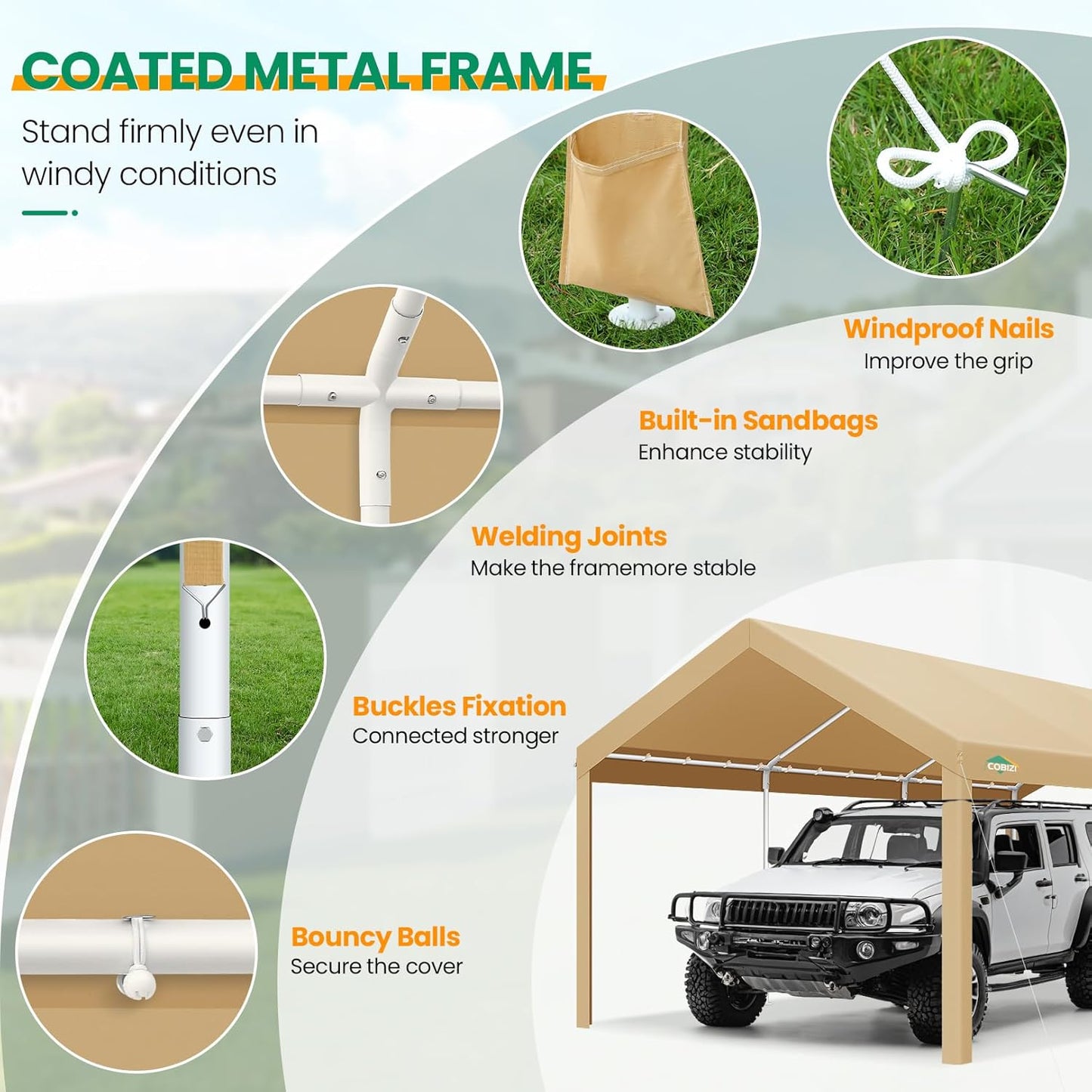 COBIZI Carports 10x20 Heavy Duty Car Tent Garage 2.0, Galvanized Frame Car Canopy Outdoor Shelter Waterproof & UV Protected with Windproof Ropes & Built-in Sandbags for Car Truck Boat, Khaki