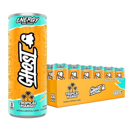 GHOST Energy Drink - 24-Pack, Tropical Mango, 8.4oz - Energy & Focus & No Artificial Colors - 100mg of Natural Caffeine, L-Carnitine & Taurine - Gluten-Free & Vegan
