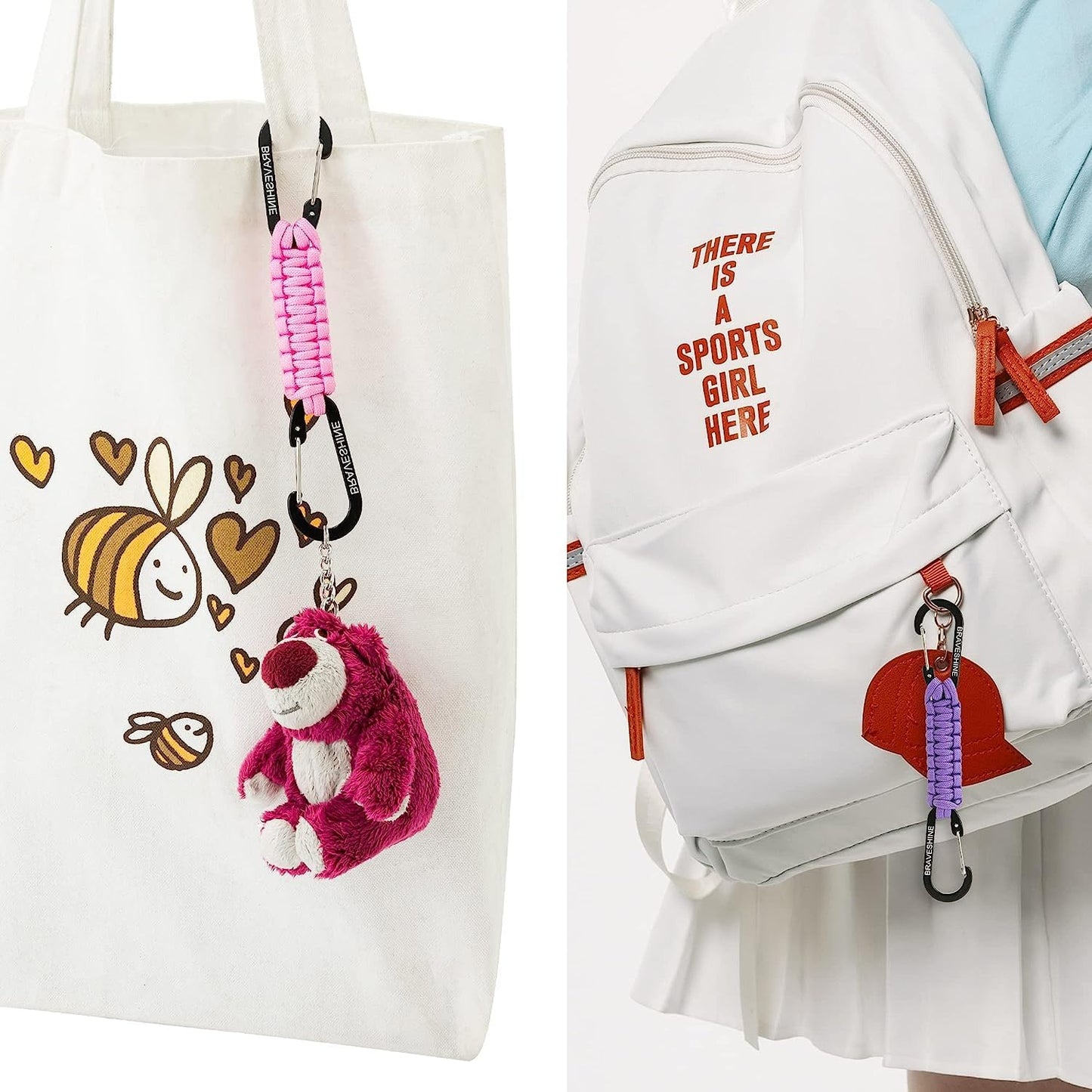 BRAVESHINE Paracord Keychain Carabiner Clip, D Ring Lanyard Hanger Stroller Hook for Water Bottle, Key, Backpacks, Men, Women