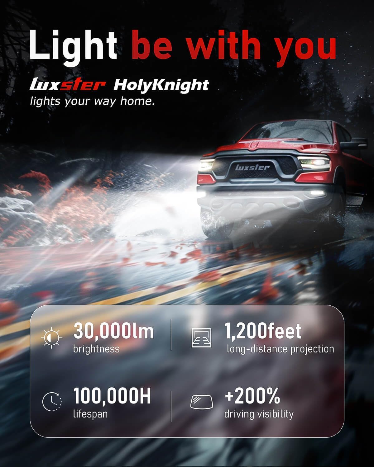 LUXSTER H13 9008 LED Light Bulbs, Dual Beam, 30000lm Super Bright, 55W HolyKnight Series, Foglight Bulbs, 6000K Cool White, Pack of 2