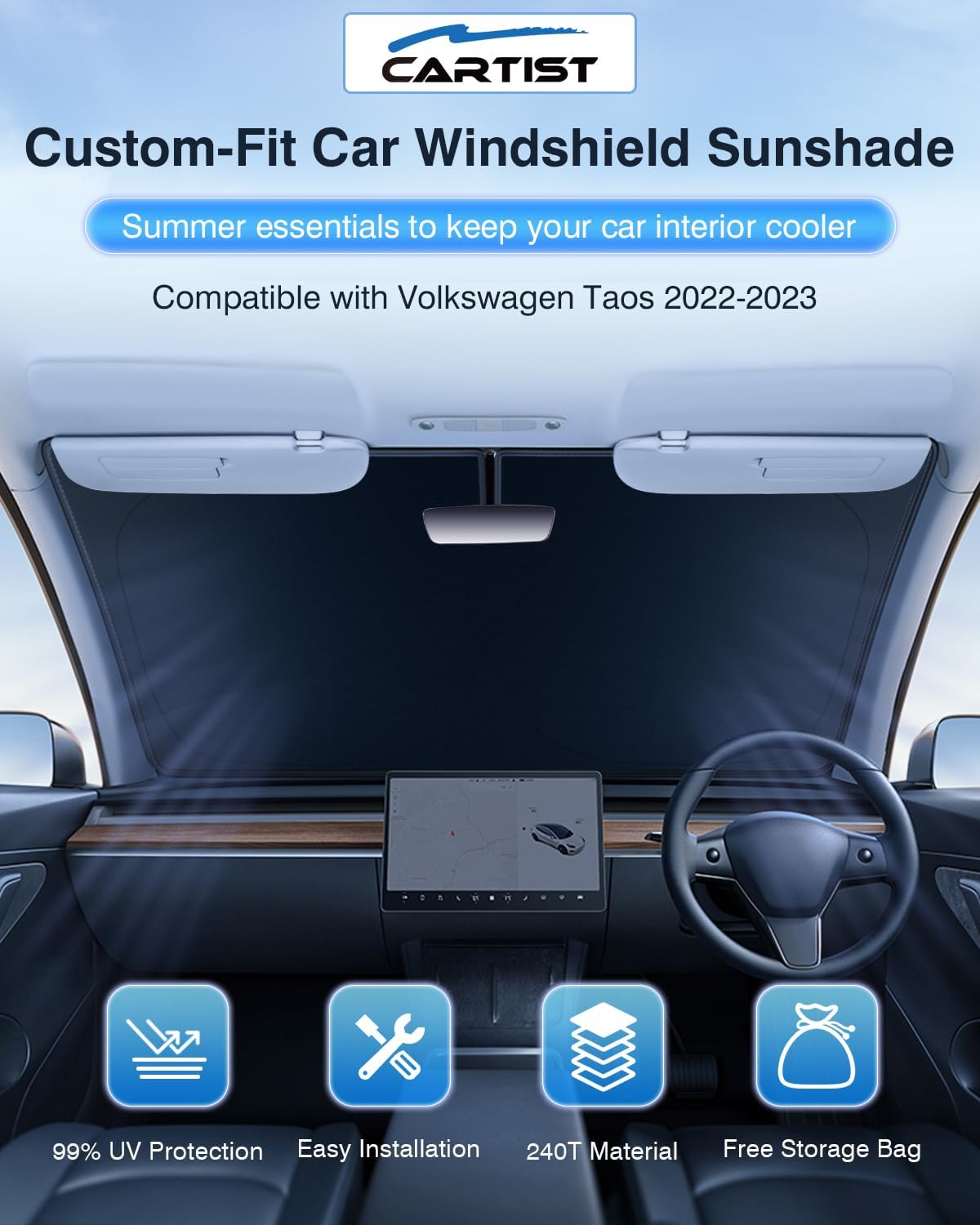 Cartist 5-Layer Windshield Sun Shade Fits for Volkswagen VW Taos 2022 2023 2024 2025 Accessories Foldable Car Front Window Sunshade Sun Visor Protector