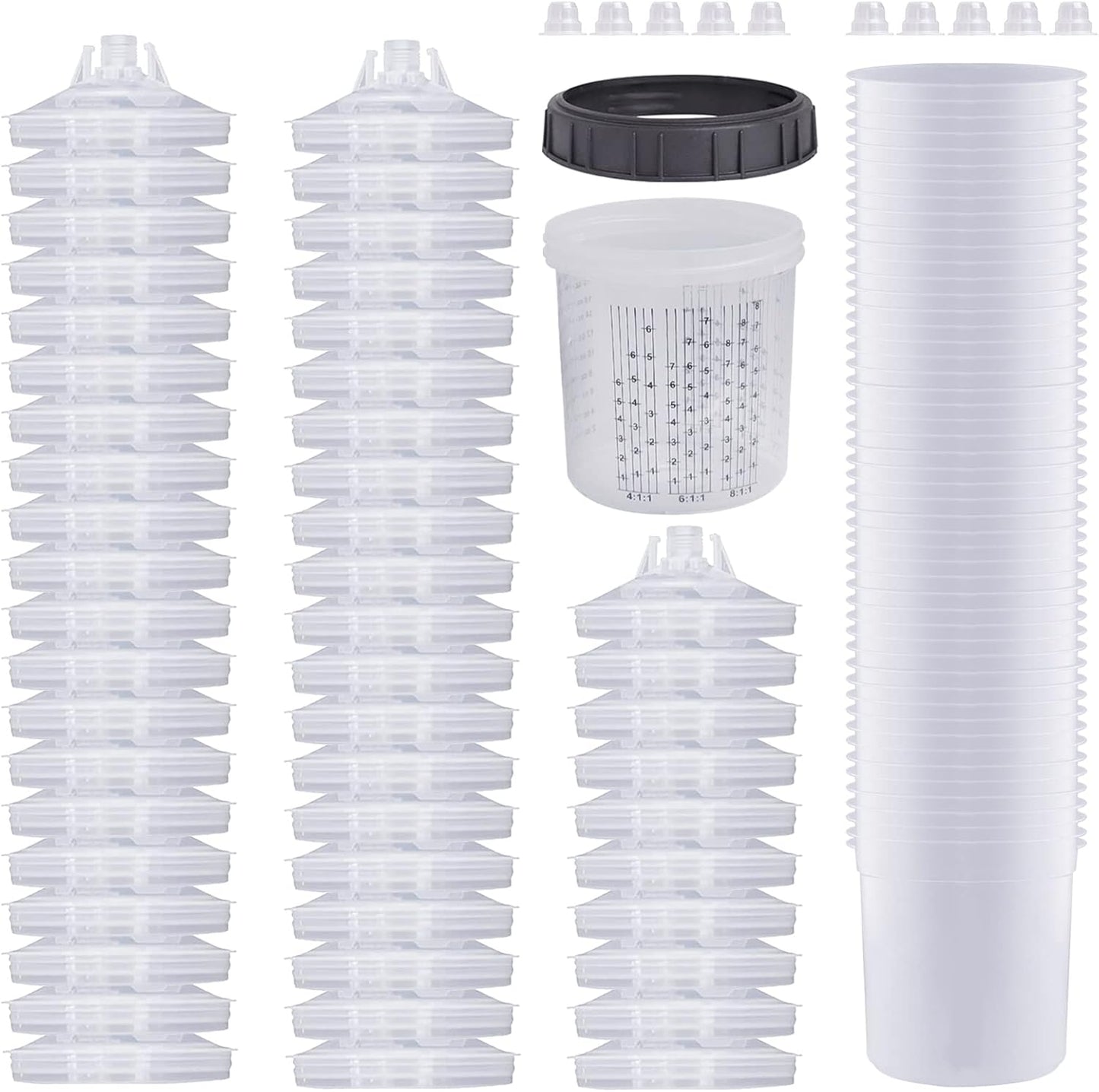 Disposable Paint Sprayer Mixing Cup for Automotive Paint Gun, HVLP Paint Spray Paint Gun 20 Ounce (600ml) Kit with 50 Cups and Lids System, 1 Hard Cup with Retainer Ring and 10 Plugs