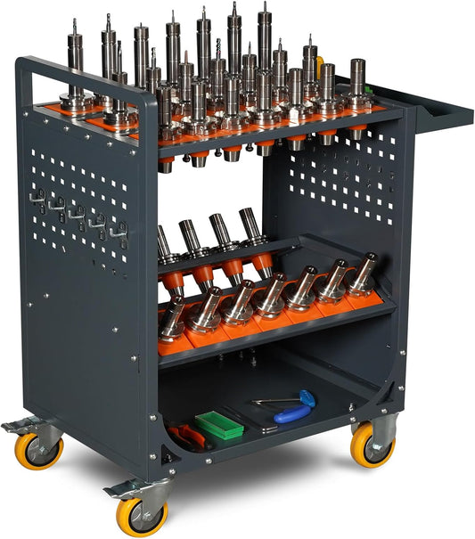 Grey Classic 40 Taper CNC Tool Holder Transfer Cart, 35 Capacity CAT/BT40 Service Carts with Wheels Heavy Duty, Multi-Function Workshop CNC Tool Trolley