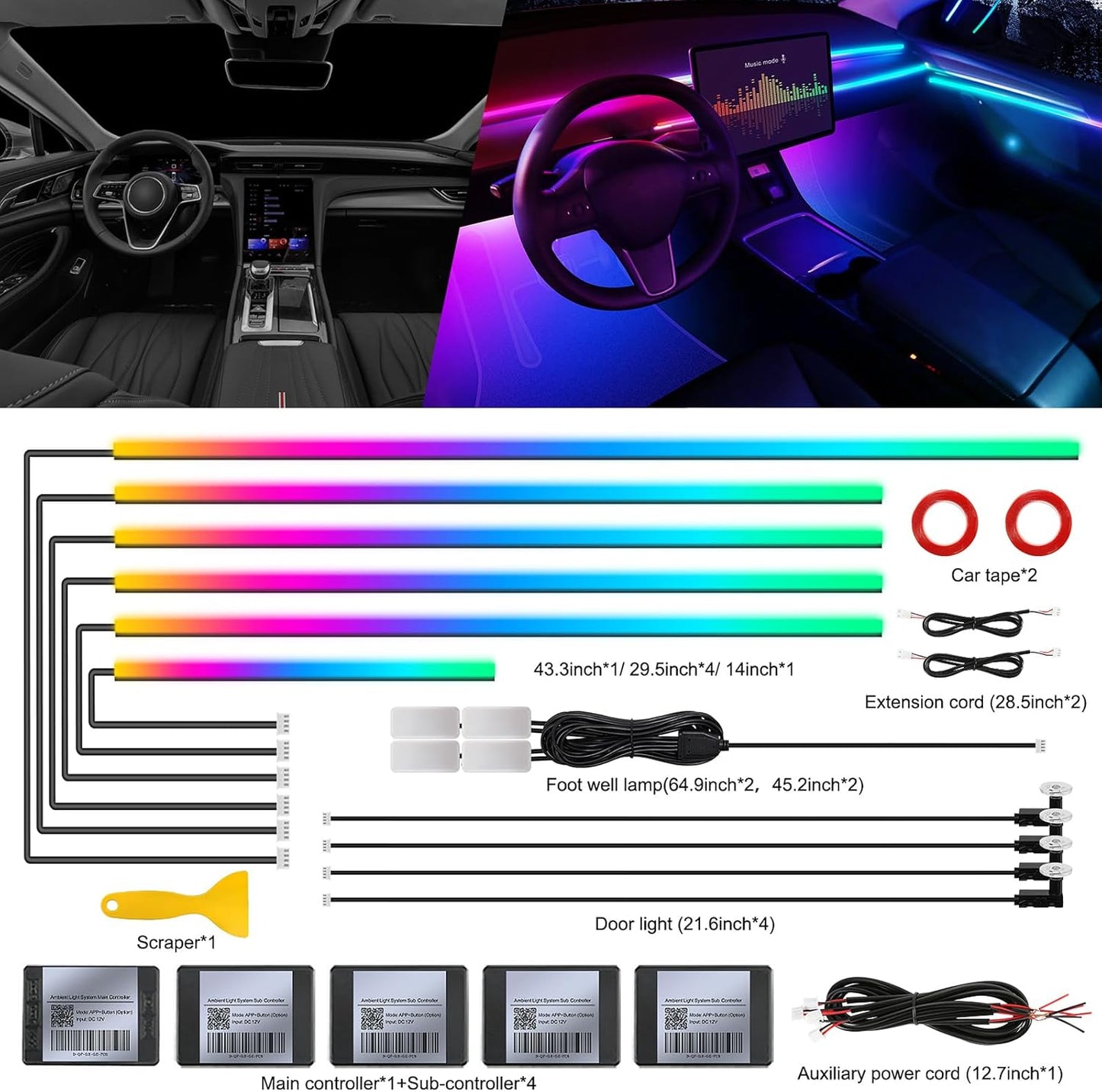 Dream+Color Acrylic Interior Car LED Strip Light with Wireless APP, RGB 14 in 1 with 175 inches 593 Neon Ambient Lighting Kits, Dynamic Chasing Music Sync LEDs Fiber Optic Strip Lights for Car