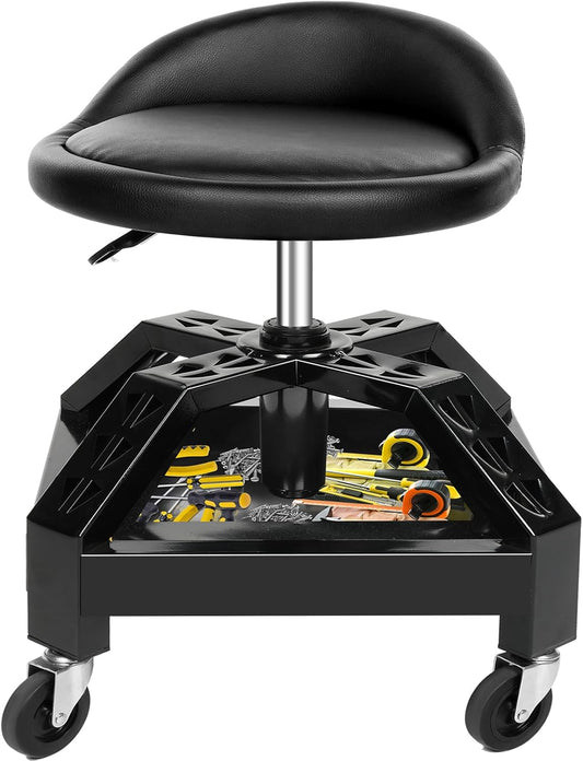 Garage Shop Rolling Seat, Heavy Duty Adjustable Rolling Mechanic Stool with Lockable 360° Wheels, 350 Lbs Capacity, Work Stool with Tool Tray for Garage & Workshop