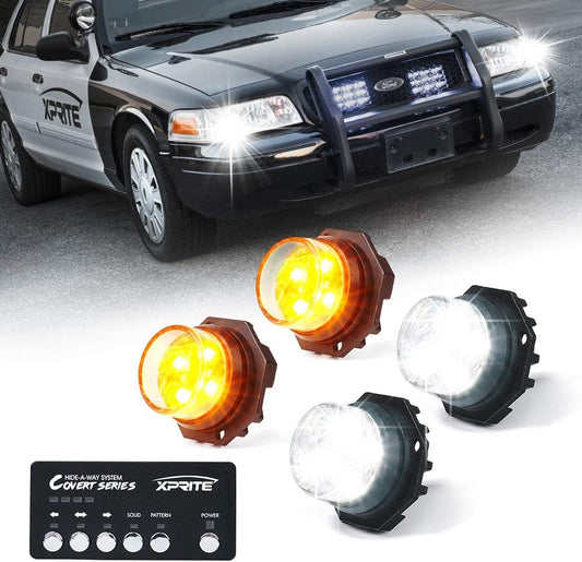 Xprite White Amber LED Hideaway Strobe Lights Kit 20 Flashing Patterns w/Control Panel Headlights Taillights Fog Marker Light Interior Mounting, for Emergency Vehicles Trucks SUV Vans 12V Cars 4 PCs