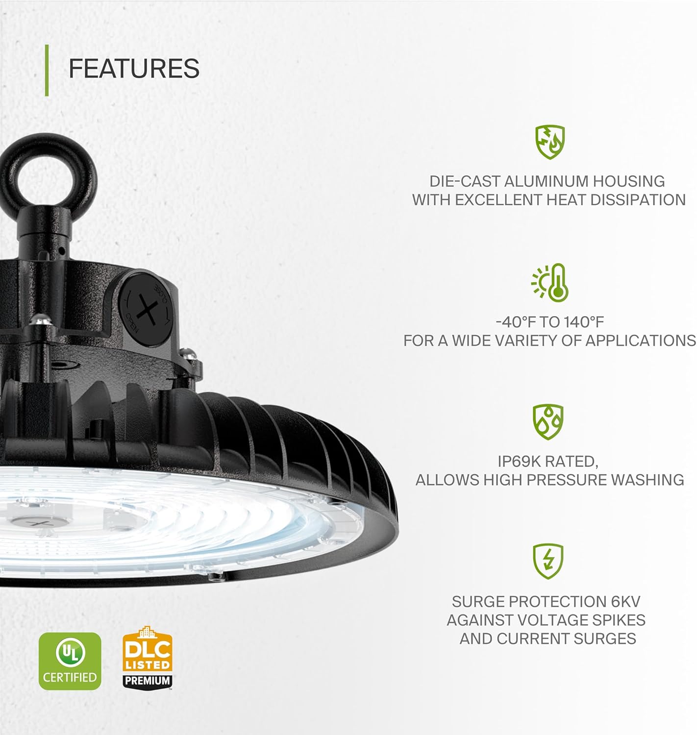 ASD LED High Bay UFO Light Fixture, Commercial Shop Lighting | Dimmable, IP69K Waterproof, DLC Premium, UL Listed | 200W 31000LM 5000K 100-277V | Warehouse, Garage, Workshop, Barn Lamp | Black