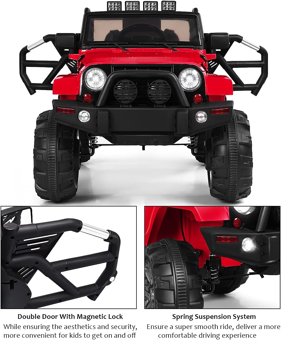 Costzon Ride On Car, 12V Battery Powered Electric Ride On Truck w/Parental Remote Control, LED Lights, Double Open Doors, Safety Belt, Music, MP3 Player, Spring Suspension (Red)