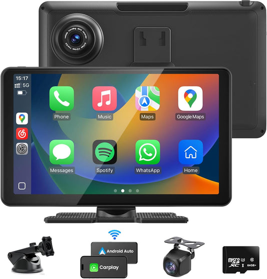Compatible Wireless Apple CarPlay Android Auto Screen for Car, 2K Dash Camera 9 Inch 1080P Touch Screen Stereo Bluetooth Portable GPS Navigation Vedio Player Mirror Link, Airplay, Siri, Voice Control