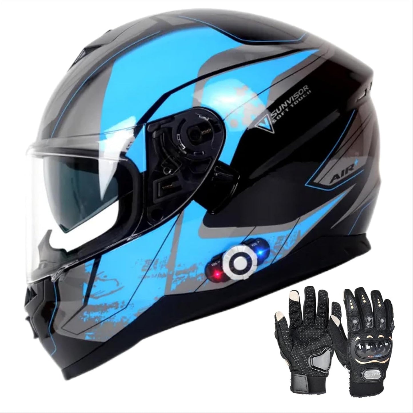 FreedConn BM12 Bluetooth Full Face Motorcycle Helmet with Intercom System Dual Visor Bluetooth 5.0 Motorbike Helmet 2~3 Riders Pair/ 500M/ FM ( Blue & Black, X-Large)