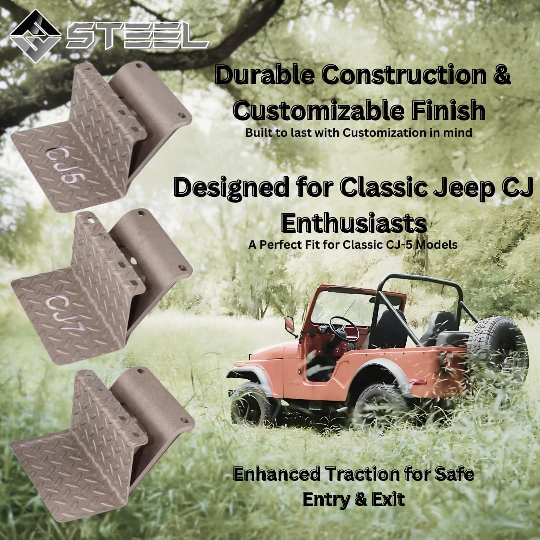CJ5 Side Steps Compatible with Jeep © CJ Vehicles (Pair) - Solid Steel Construction - Metal Diamond Treadplate Traction Design - Universal Fitment on Classic CJ-5 (CJ7 Cutout)