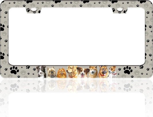 Dog License Plate Frame Pet Paw Prints Stainless Steel License Plate Holder for Front or Rear Car Tags Funny for Car Decoration Accessories with Screws 6.3 X 12.2 in for Women Men