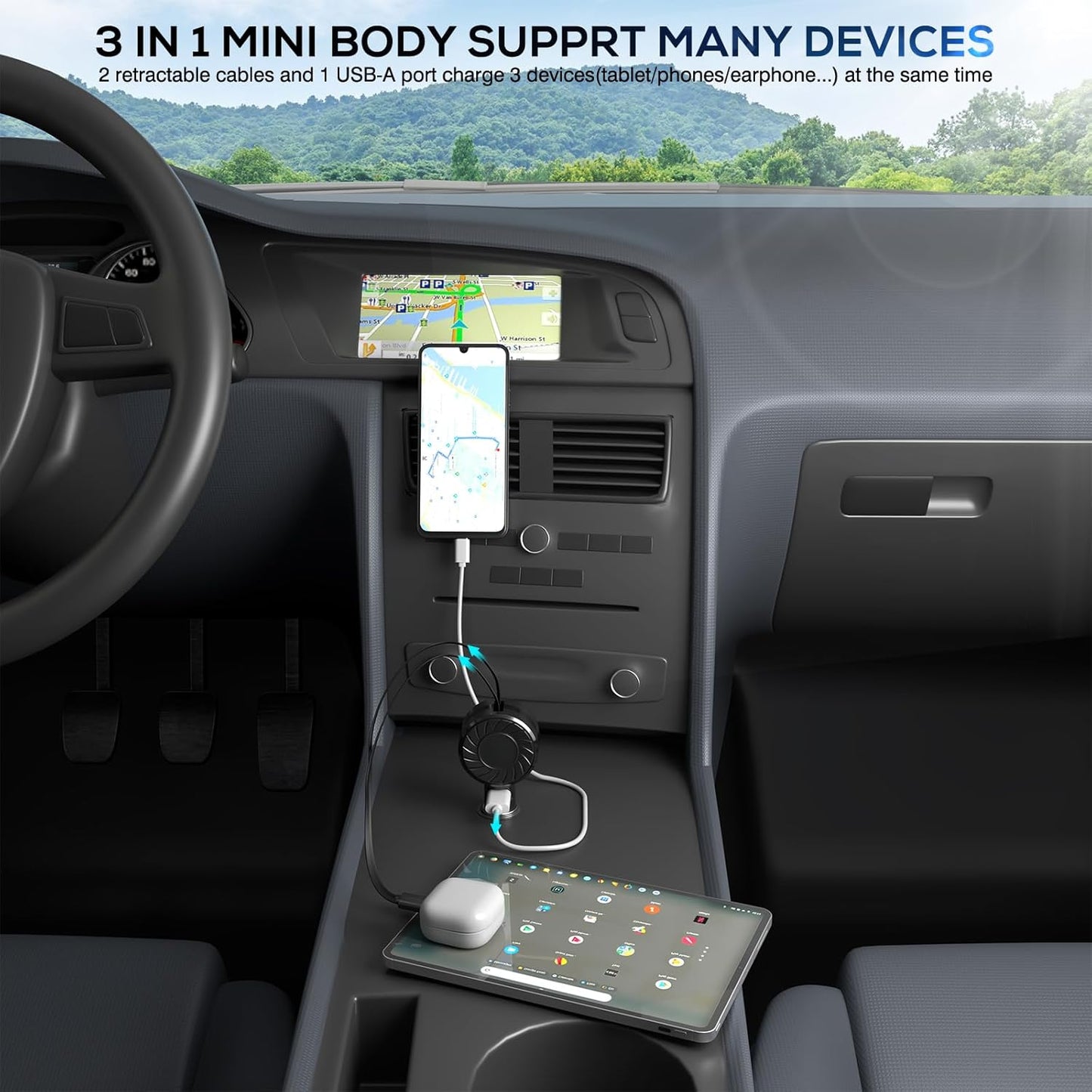 Retractable Car Charger, 3 in 1 Fast Charging Car Phone Charger 50W, Mini Adapter with 2 Cables+1 Port Cigarette Lighter USB C Charging for Apple iPhone 15 Pro/Samsung/Android/Pixle