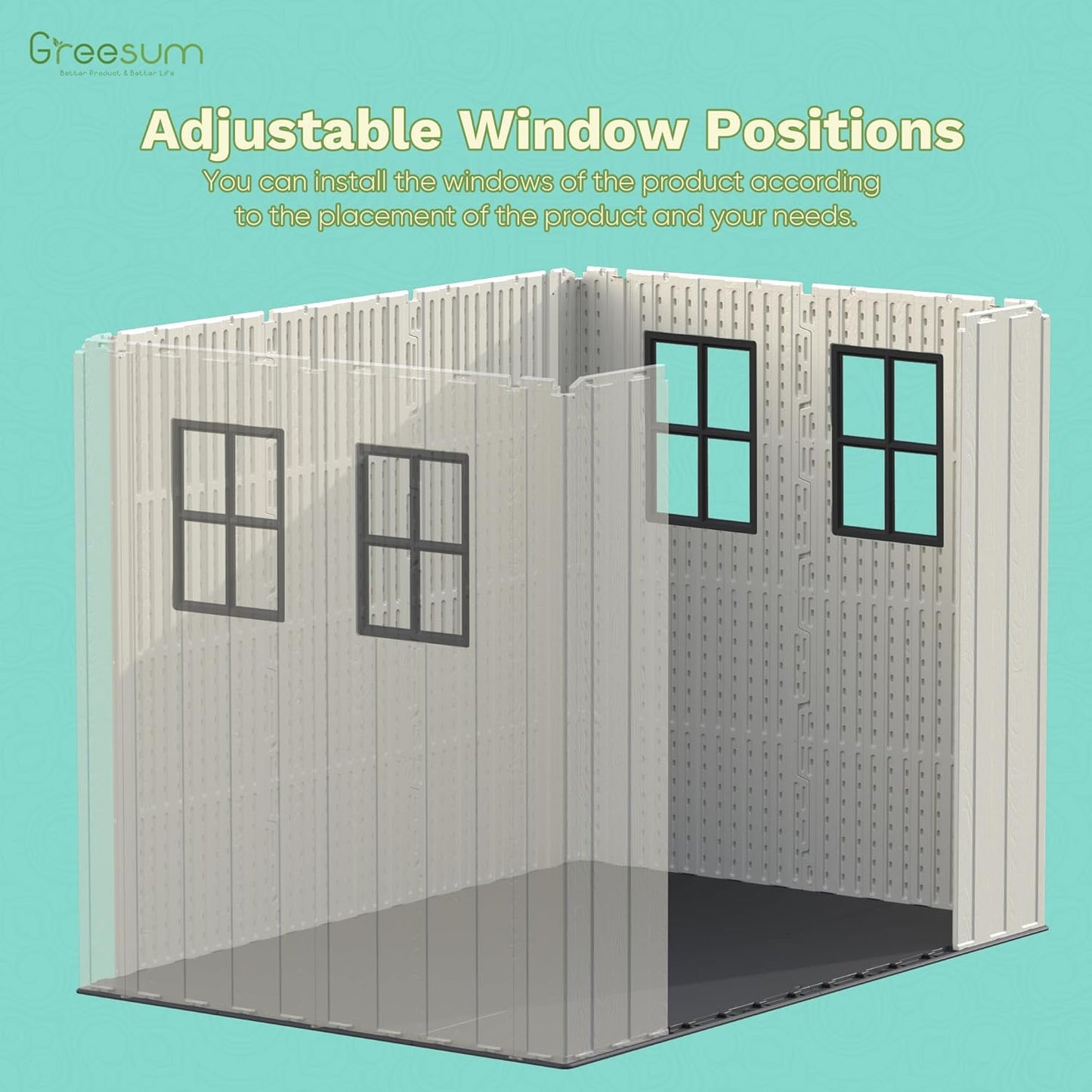 Greesum 8×6 FT Plastic Outdoor Storage Shed with Floor, Resin Sheds with Window and Lockable Door, Weather Resistant Organization for Garden, Lawn, Pool Supplies, Beige