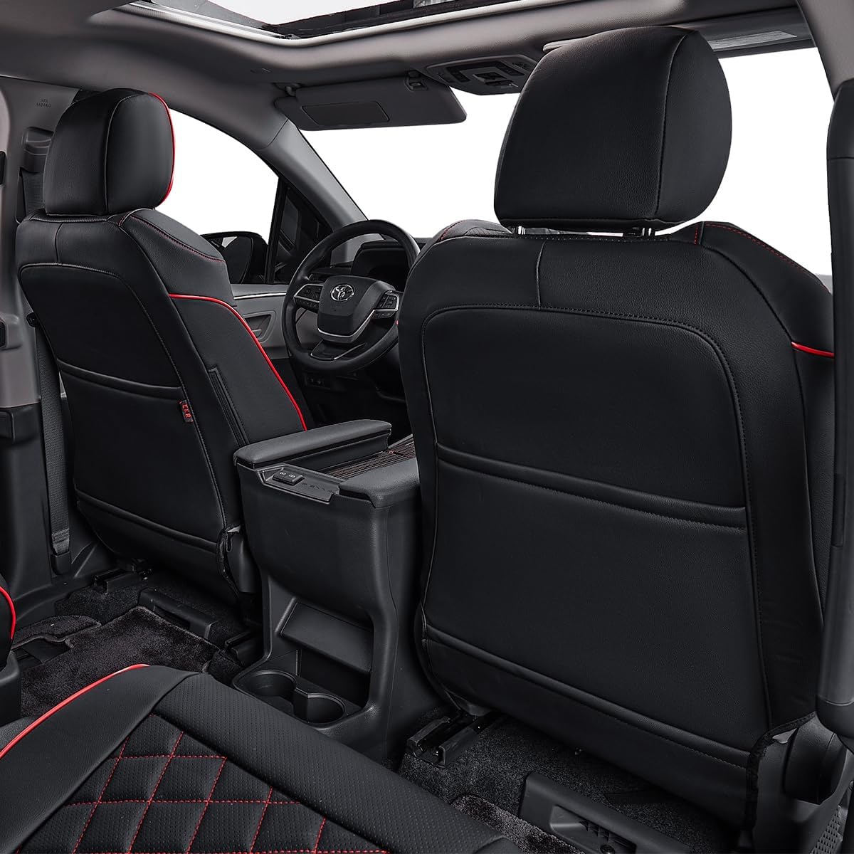 EKR Sienna Seat Covers for 2011-2020 Toyota Sienna L,LE,XLE,Limited,7 Seats,2nd Row Captain Seats W/NO Legrest,Waterproof Car Seat Cover Full Set,Car Seat Protectors-Leather(Black with Red Piping)