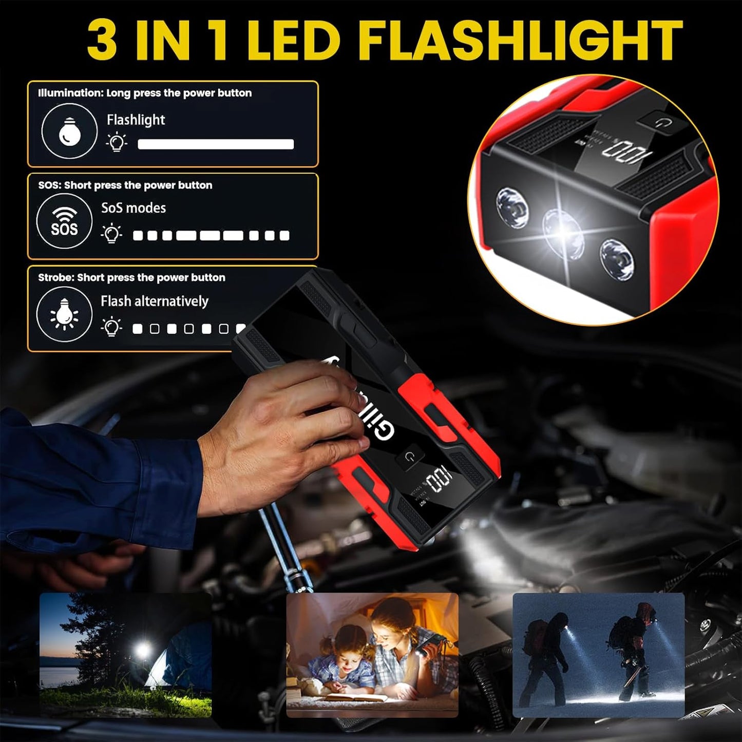 001B 3000A Car Jump Starter Battery Pack (up to 9.0L Gas and 7.0L Diesel Engine), 12V Car Battery Charger, Jump Box with USB 3.0 Power Bank