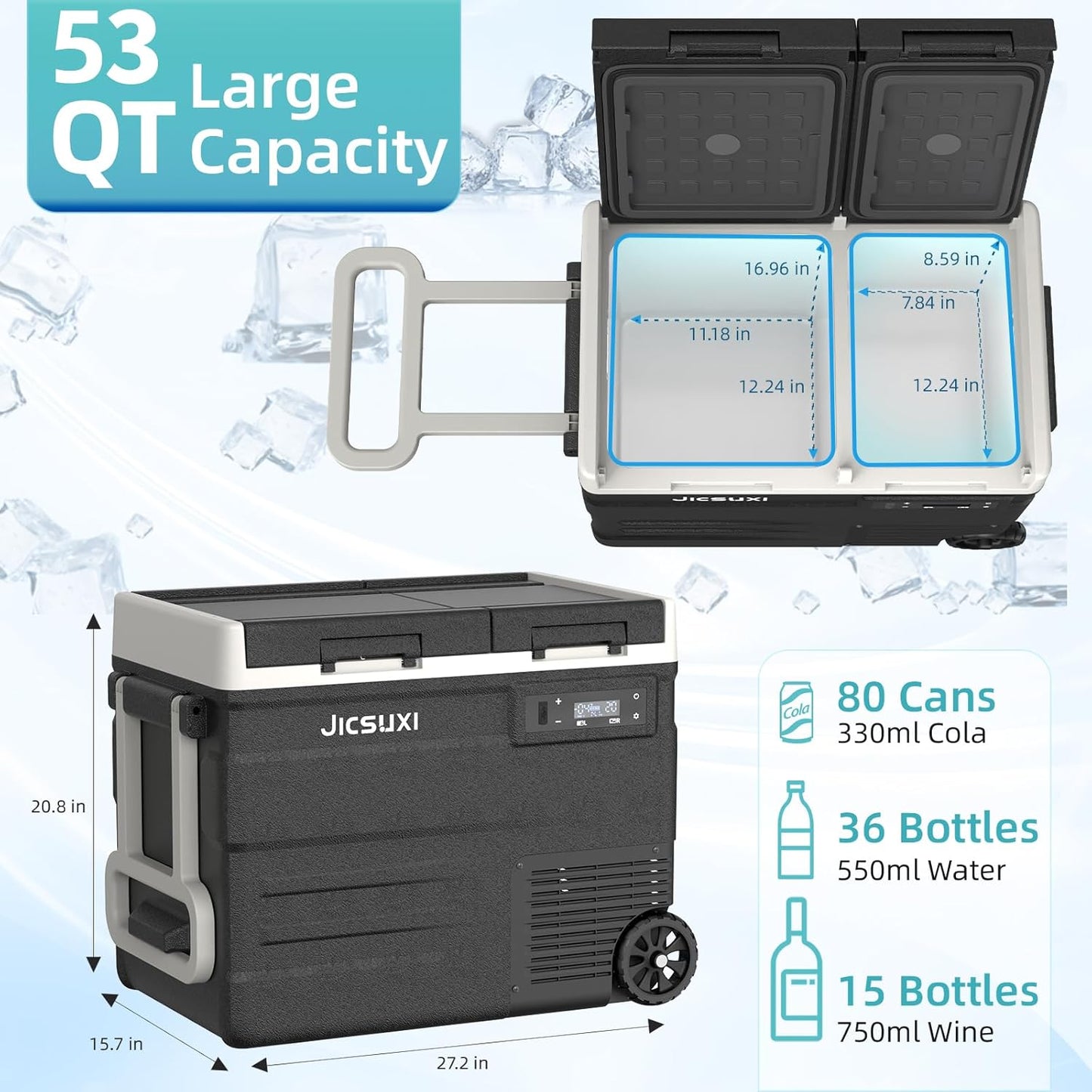 12 Car Refrigerator, 53Quart Dual Zone 12V Car Fridge Portable Freezer(-4F~68F), Compressor Electric Cooler with 12/24V DC 110-240V AC, APP Control, for Camping, Travel, RV, Truck (53Quart)