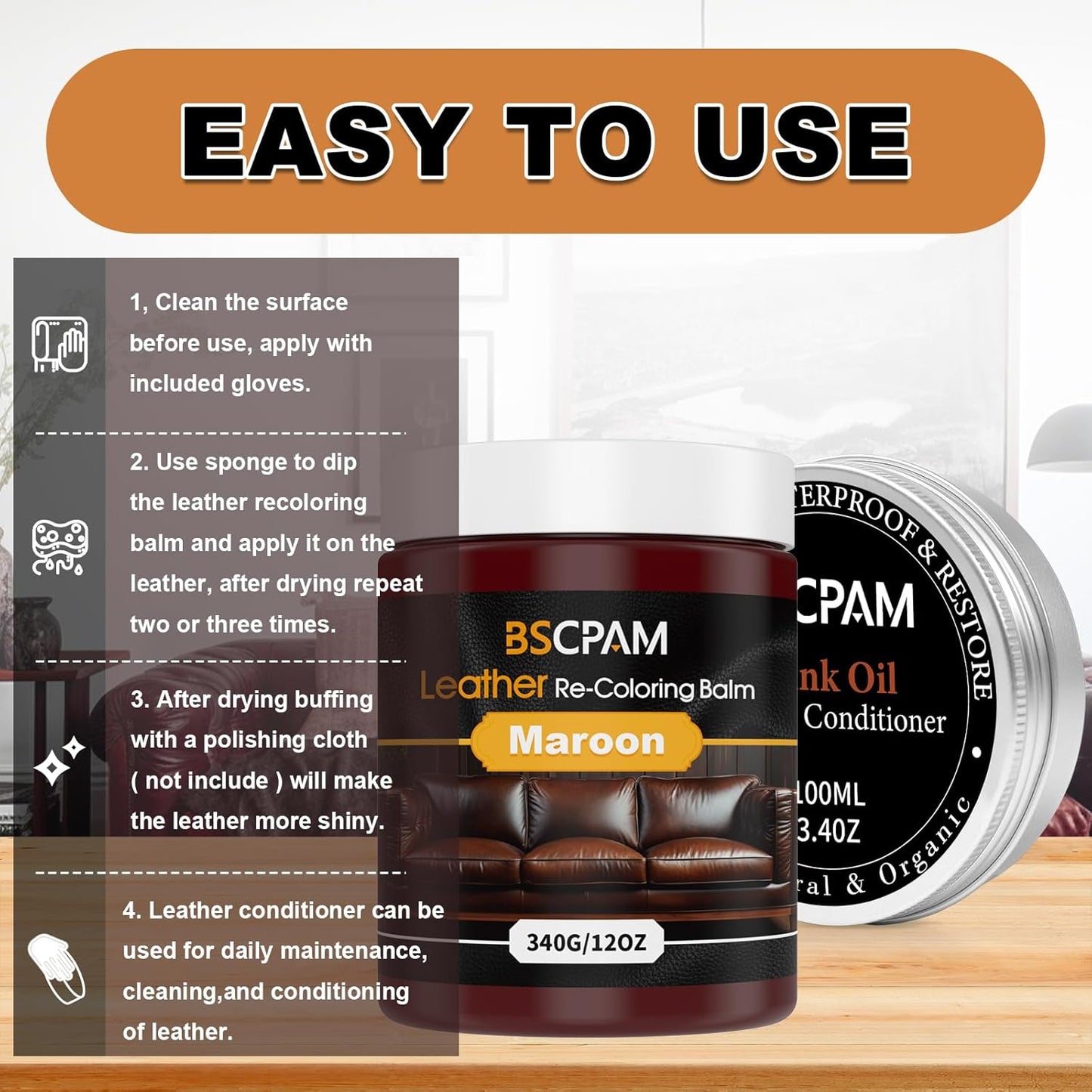 12oz Leather Recoloring Balm & 3.4oz Mink Oil Leather Conditioner kit,Maroon Leather Color Repair Kits for Couches, Leather Couch Paint Scratch Repair for Furniture Car Sofa Shoes Leather Dye