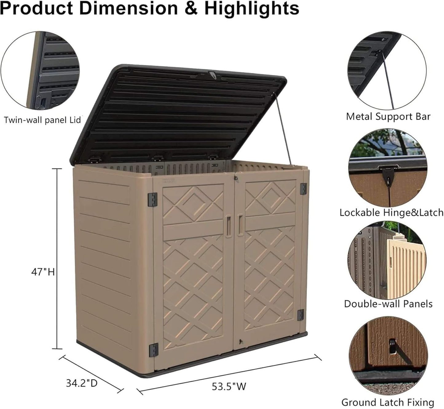 HOMSPARK Storage Shed Weather Resistance, Multi-Purpose Outdoor Storage Cabinet for Backyards and Patios, Horizontal Storage Shed for Lawnmower, Patio Accessories (Coffee, X Large - 48 cu.ft)