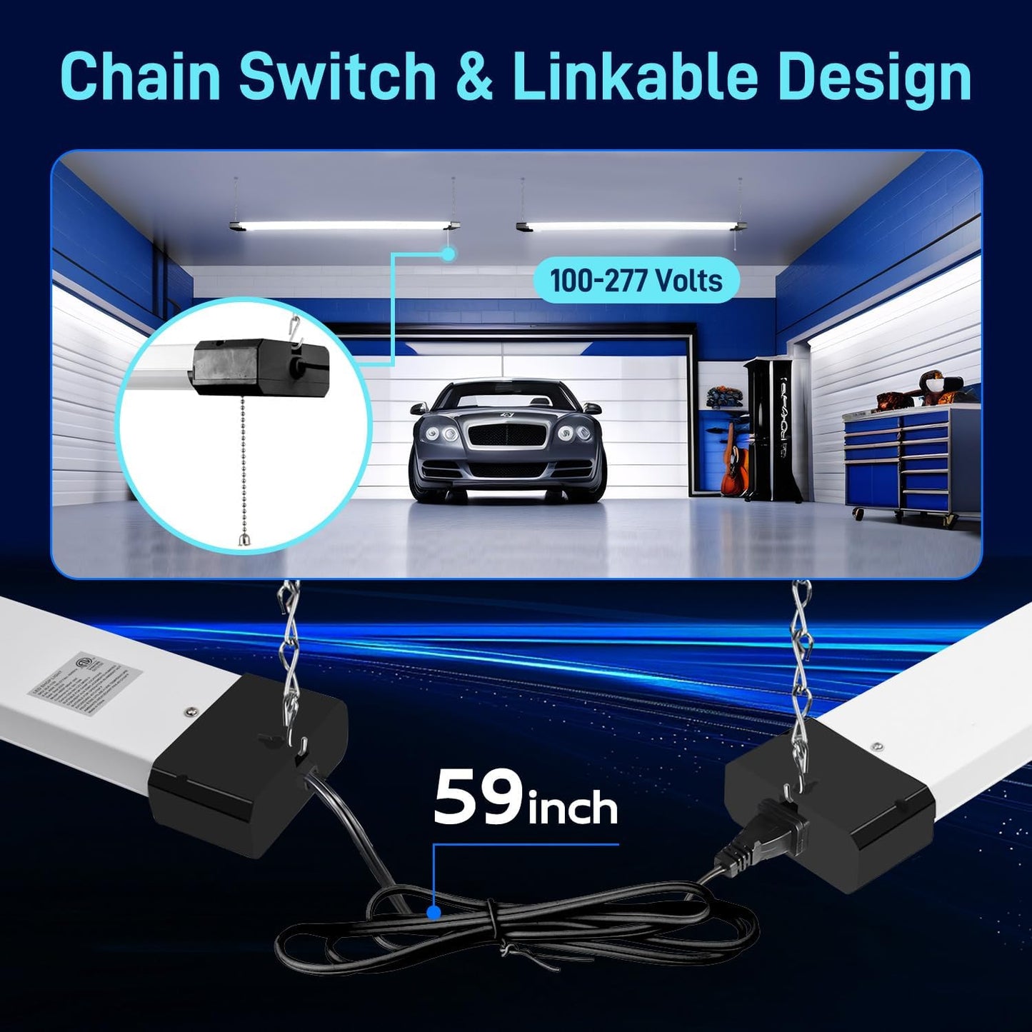 hykolity 1 Pack 4FT Linkable LED Shop Light for Garage, 6500lm, 4FT 60W Utility Light Fixture, 5000K Daylight LED Workbench Light with Plug, Hanging or Surface Mount, Black - ETL