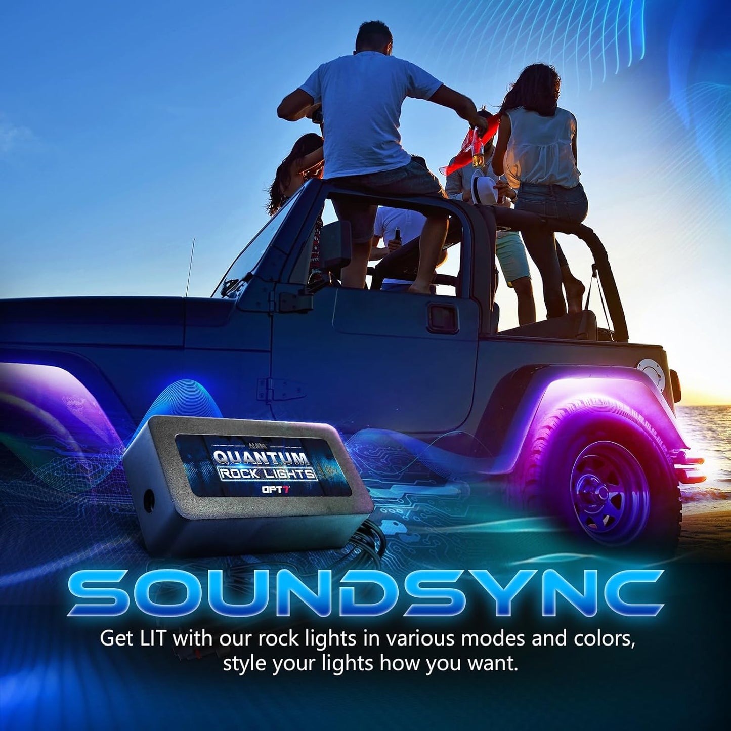 OPT7 Quantum RGBW LED Rock Lights with Remote Control, 4 Pods Wide Angle Multicolor Neon Underglow Lighting Kit with Extension Wire, IP68 Waterproof for Offroad Truck Jeep RZR ATV UTV SUV