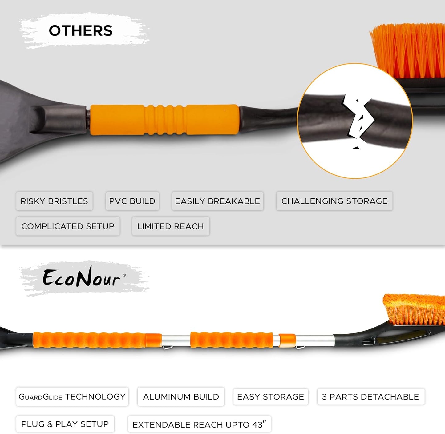 EcoNour 43" Ice Scrapers for Car Windshield Extendable | 3 Parts Detachable Telescopic Snow Brush for Car, Trucks, SUV | Long Snow Scraper with Brush | Car Winter Accessories (2 Pack)