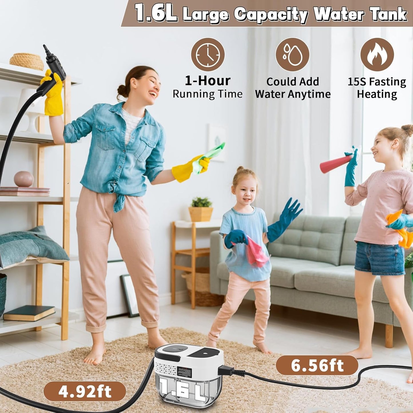 Handheld Steam Cleaner for Home, 2500W High Temperature Pressurized Machine, 1.6L Water Tank, Handle-controlled Steam Output, Portable Cleaning Steamer for Car, Bed Bugs, Furniture, Grout (White)