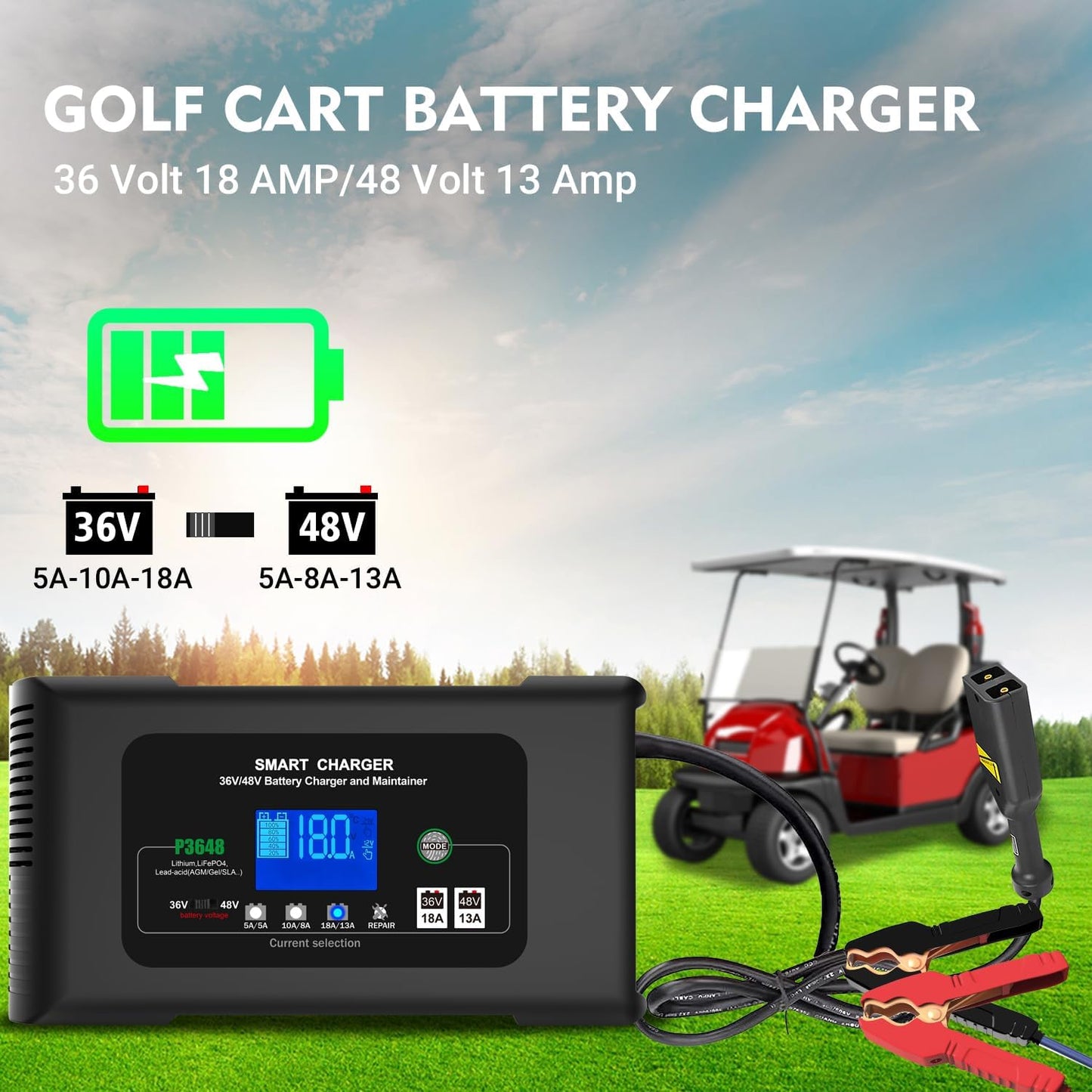 Golf Cart Battery Charger 36V 18A and 48V 13A Trickle Charger,36 Volt Golf Cart Charger,for EZGO TXT Text with Powerwise,Lithium, LiFePO4, Lead-Acid AGM/Gel/SLA..Battery Chargers,D Style Plug