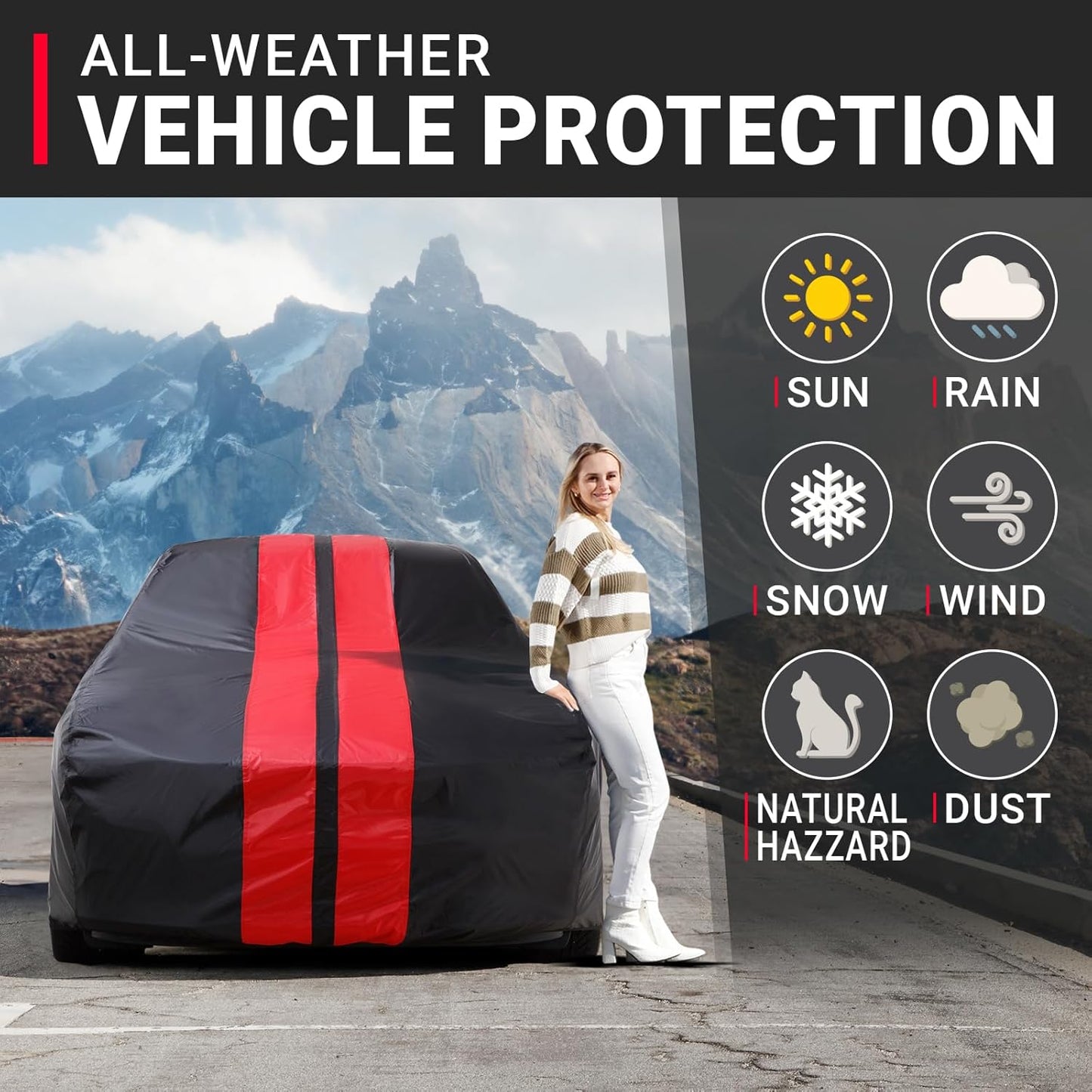 iCarCover Custom Car Cover for Chevy Brookwood (1958-1972) Waterproof All Weather Rain Snow UV Sun Protector Full Exterior Indoor Outdoor Car Cover (Stripe - Black/Red)
