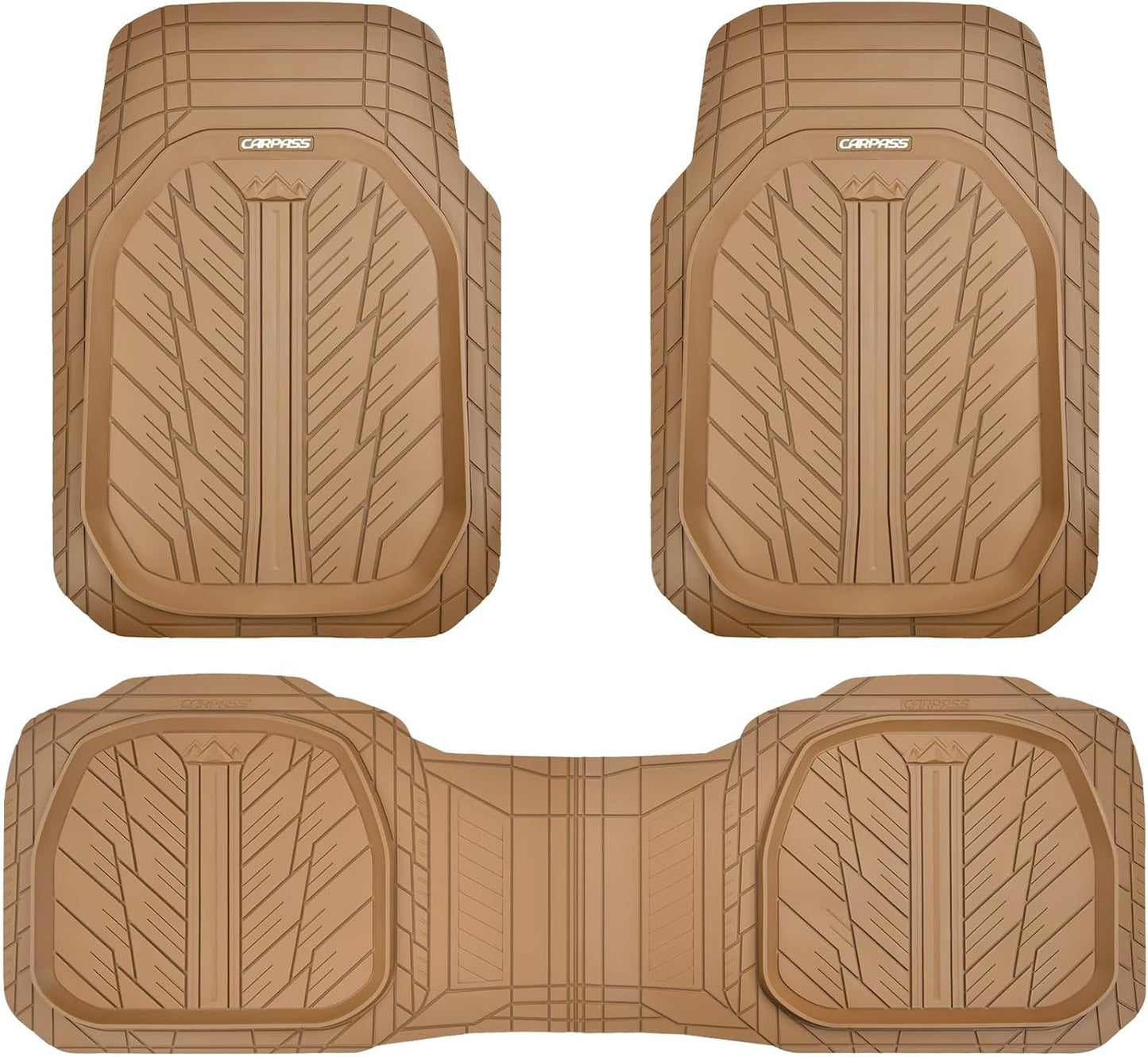 CAR PASS Tire Tread DeepDish Rubber Floor Mats for car Heavy Duty car mats All Weather, Universal XL~M Trim to Fit for Truck SUV Vehicle Automotive, Waterproof car mats 3 Piece Solid Beige