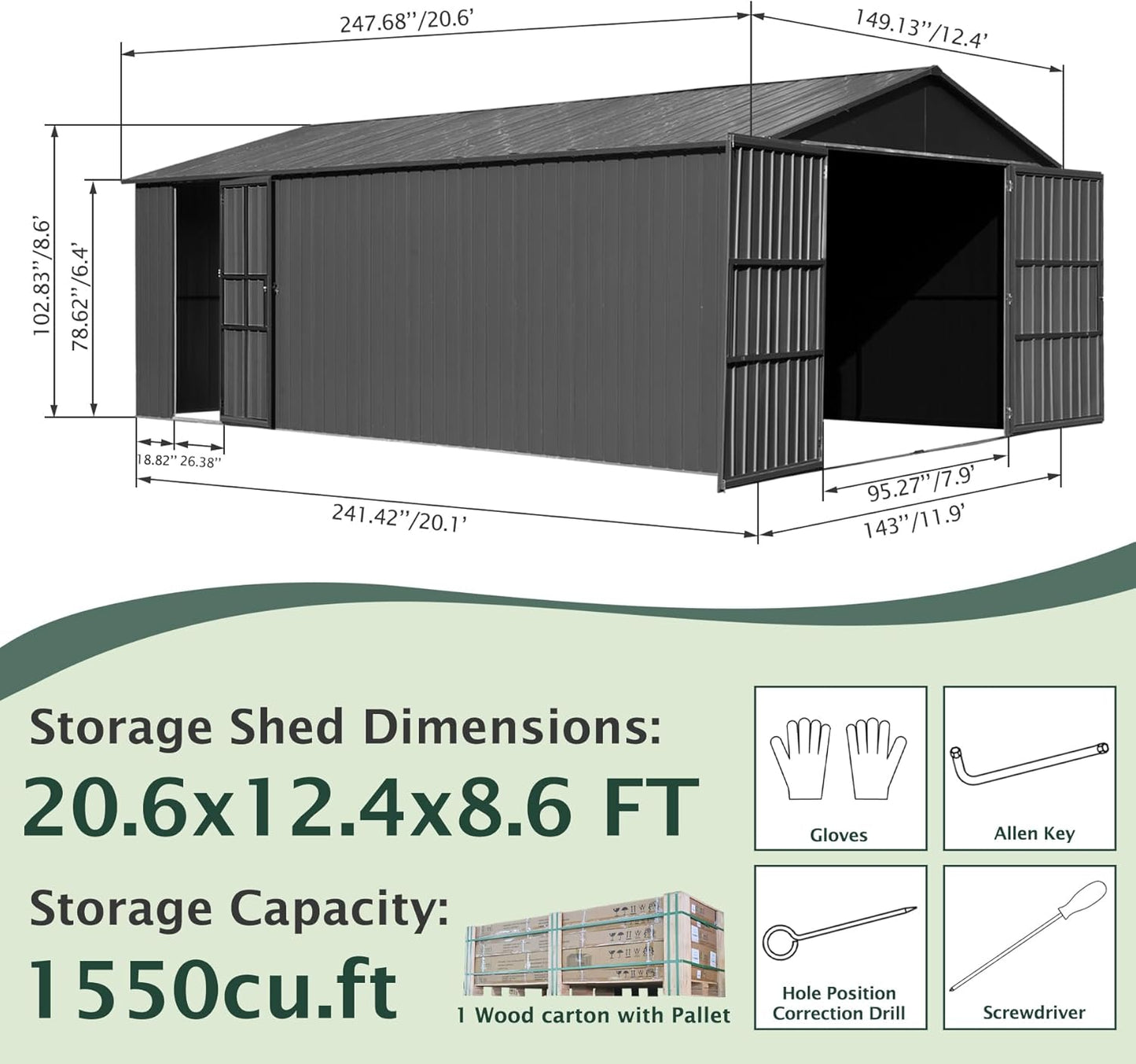 Domi 12’x20’ Outdoor Metal Garage Shed, All Weather Enclosed Carport with Sidewalls & 2 Lockable Doors, Extra Large Backyard Storage Shed for Car, Truck, Lawn Mower, 80MPH Wind Resistance, Dark Grey