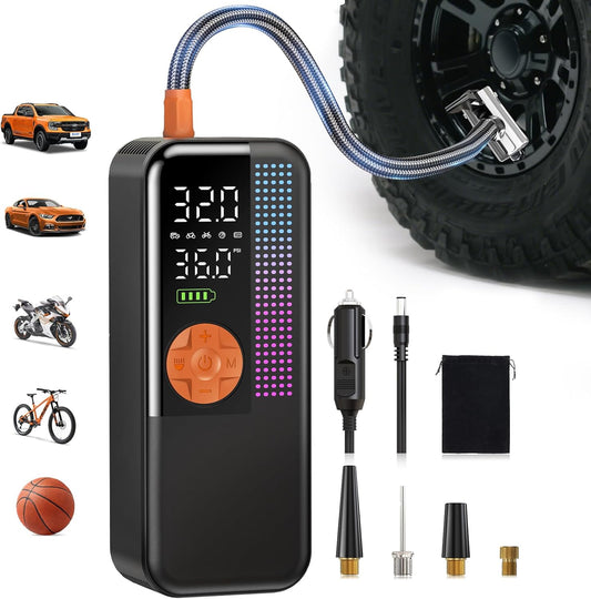 Portable Tire Inflator Air Compressor, 150 PSI Cordless Air Pump, 6000mAh Battery & 12V Car Outlet, Digital Pressure Gauge, Auto Shut-Off, Fast 24L/Min, LED Light, 4 Preset Modes for Car, Bike, Balls