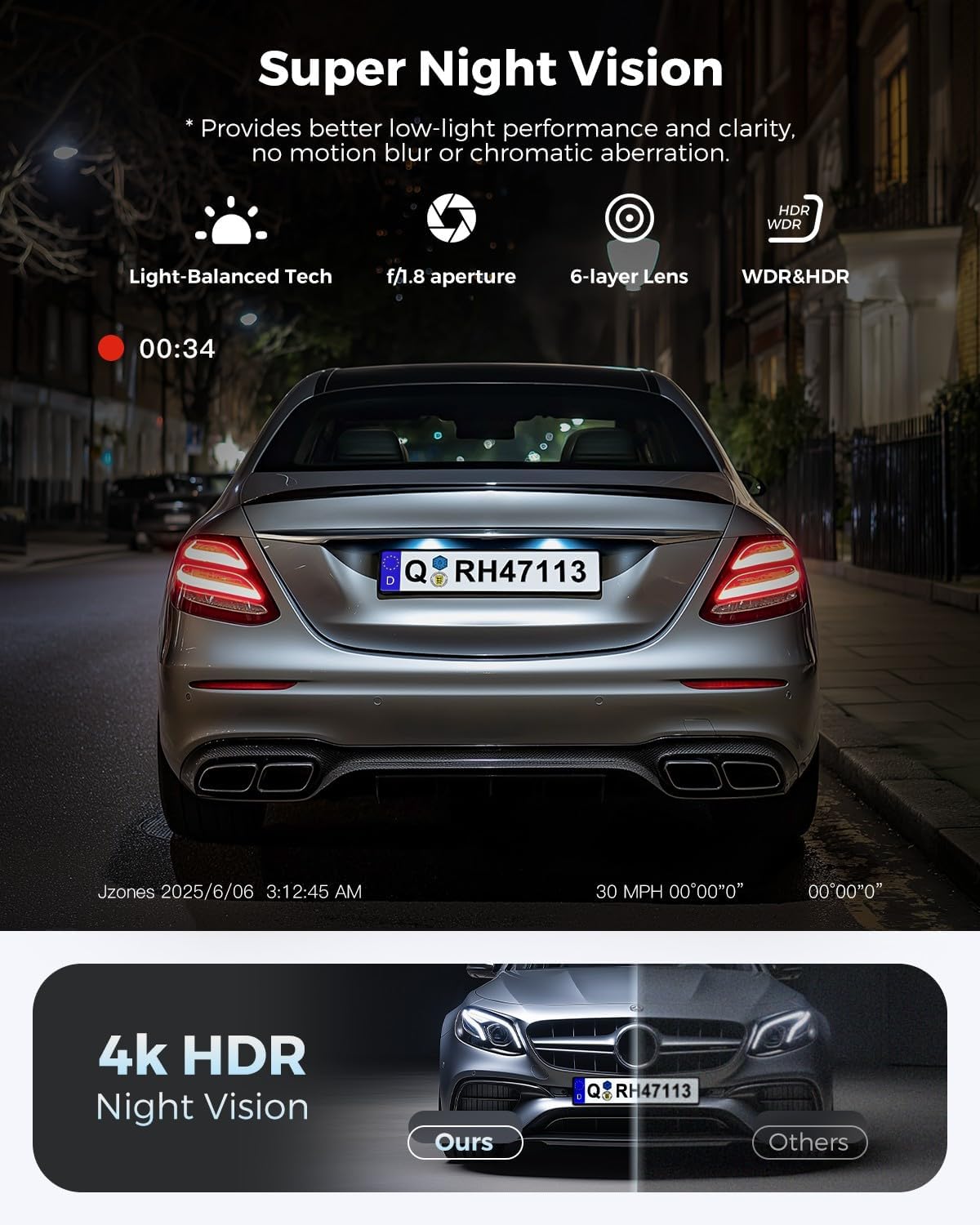 Dash Cam Front and Rear: 4K+1080P FHD Dual Dash Camera for Cars with Night Vision, 2 Channel HDR Dash Camera, 24H Parking Mode Car Camera, Built-in GPS, WiFi 6, Free 64GB Card