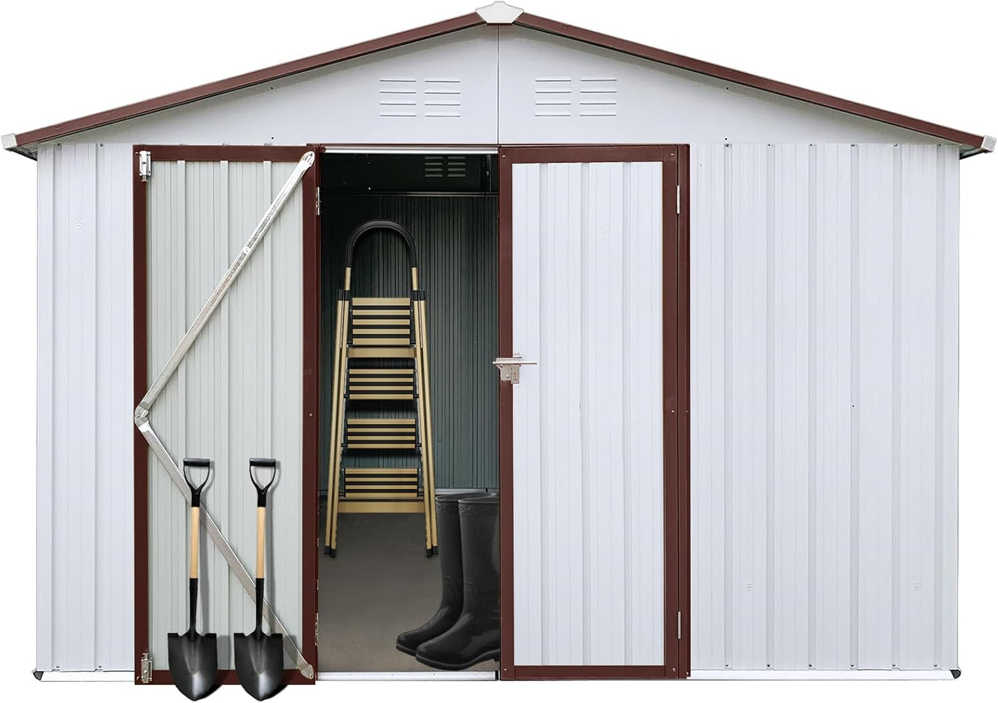 12 x 10 FT Metal Garden Shed, Outdoor Storage Shed with Heavy-Duty Steel Construction, Built-in Punched Vents & Hinged Door, Free Padlock for Secure Backyard, Patio & Garage Storage, White + Coffee